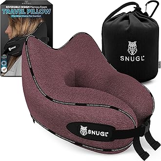 SNUGLSNUGL Travel Pillow - Memory Foam Neck Cushion - Flight Pillow | Support Neck Pillow for Travel | Travel Neck Pillow for Airplane with Carry Bag & Clip | Flying Travel Essentials (Light Red - Regular)