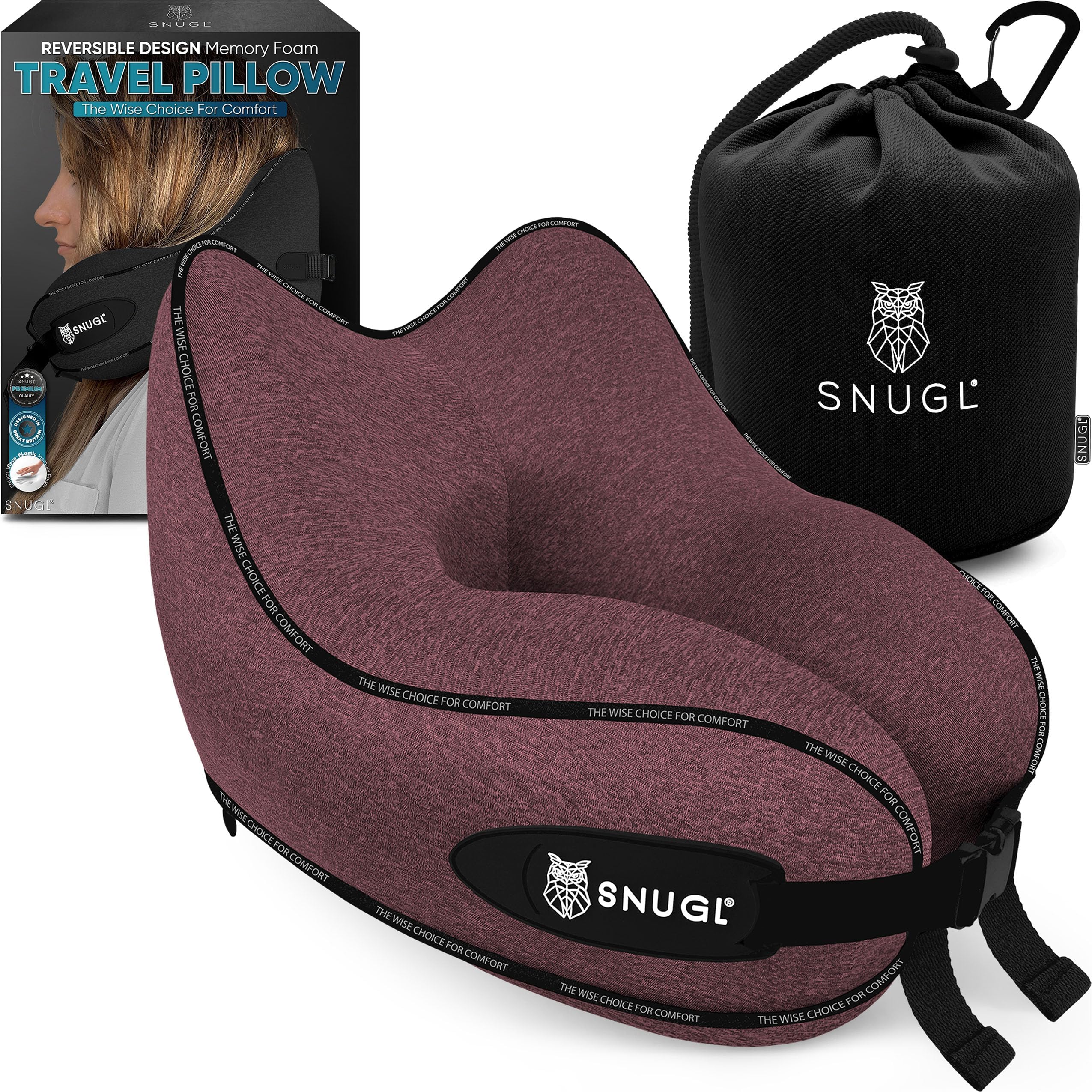 SNUGL Travel Pillow - Memory Foam Neck Cushion - Flight Pillow | Support Neck Pillow for Travel | Travel Neck Pillow for Airplane with Carry Bag & Clip | Flying Travel Essentials (Light Red - Regular)