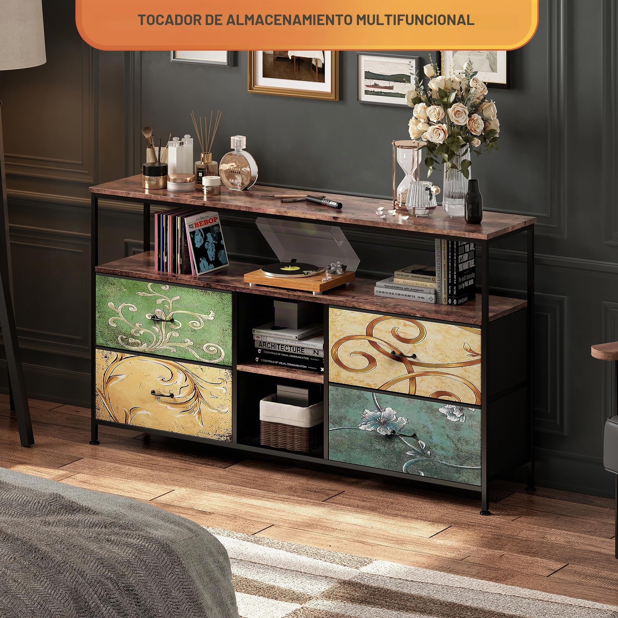 Mueble TV de 108 cm, mueble de TV industrial con 4 cajones, mesa TV, salón, muebles, tele LED, madera, banco de TV, tela, cajones, marco de acero, mueble de almacenamiento industrial dormitorio (4