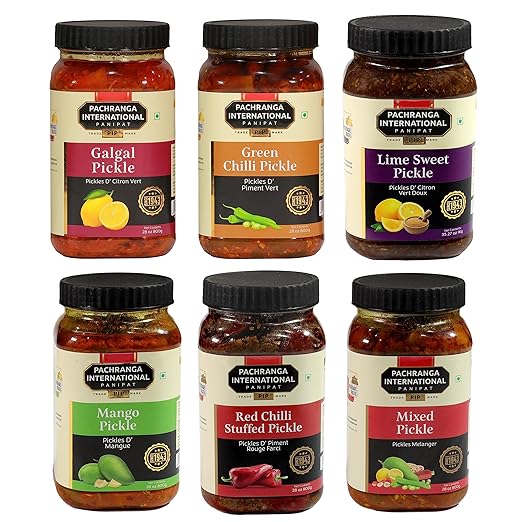 PACHRANGA International PIP (6 in 1) Combo Pack of (800gm)- Mixed Pickle, Mango Pickle and Lime Sweet Pickle, Galgal Pickle, Green Chilli Pickle, Red Chilli Stuffed Pickle