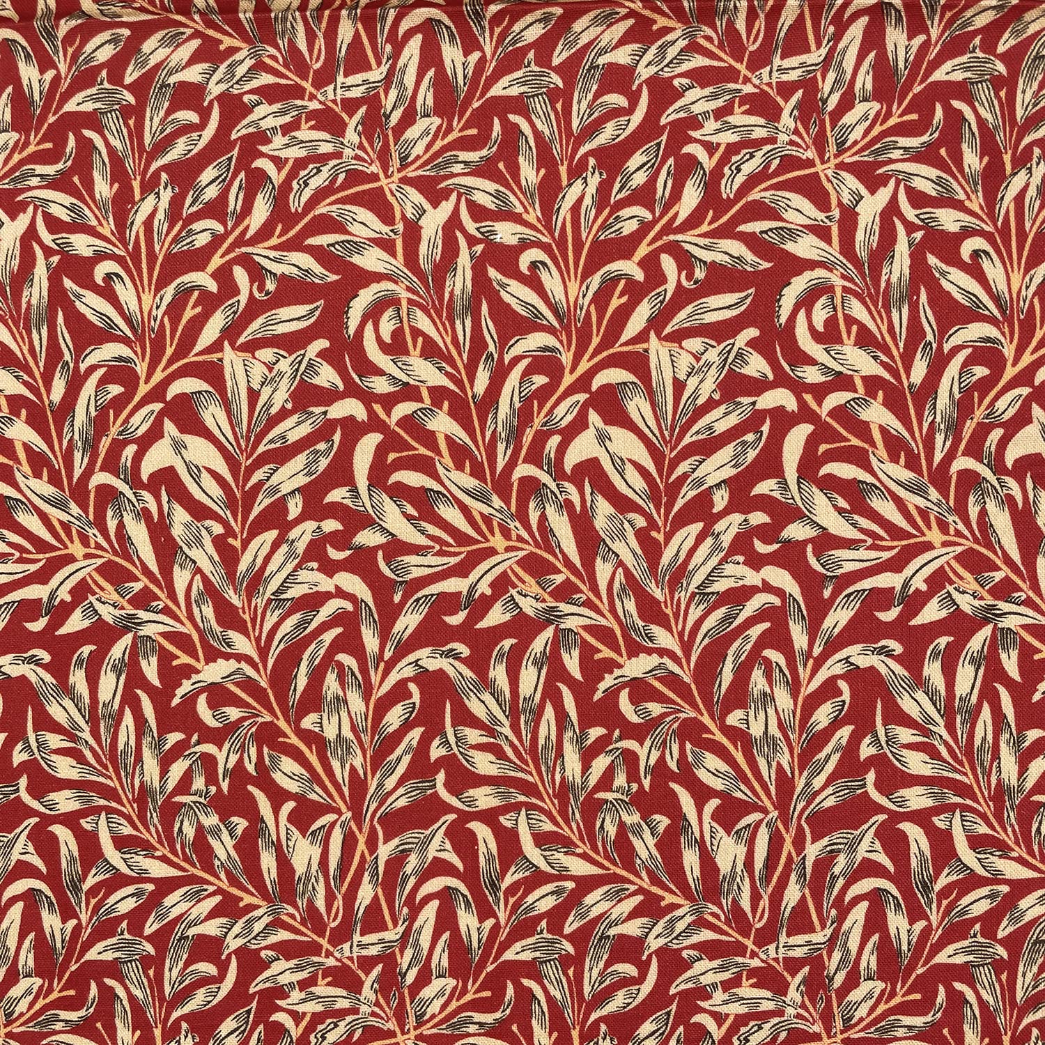 Glamour Secrets Crimson Red Cotton Fabric - William Morris Willow Bough & Brown Taupe Leaves - Craft Fabric Material Metre