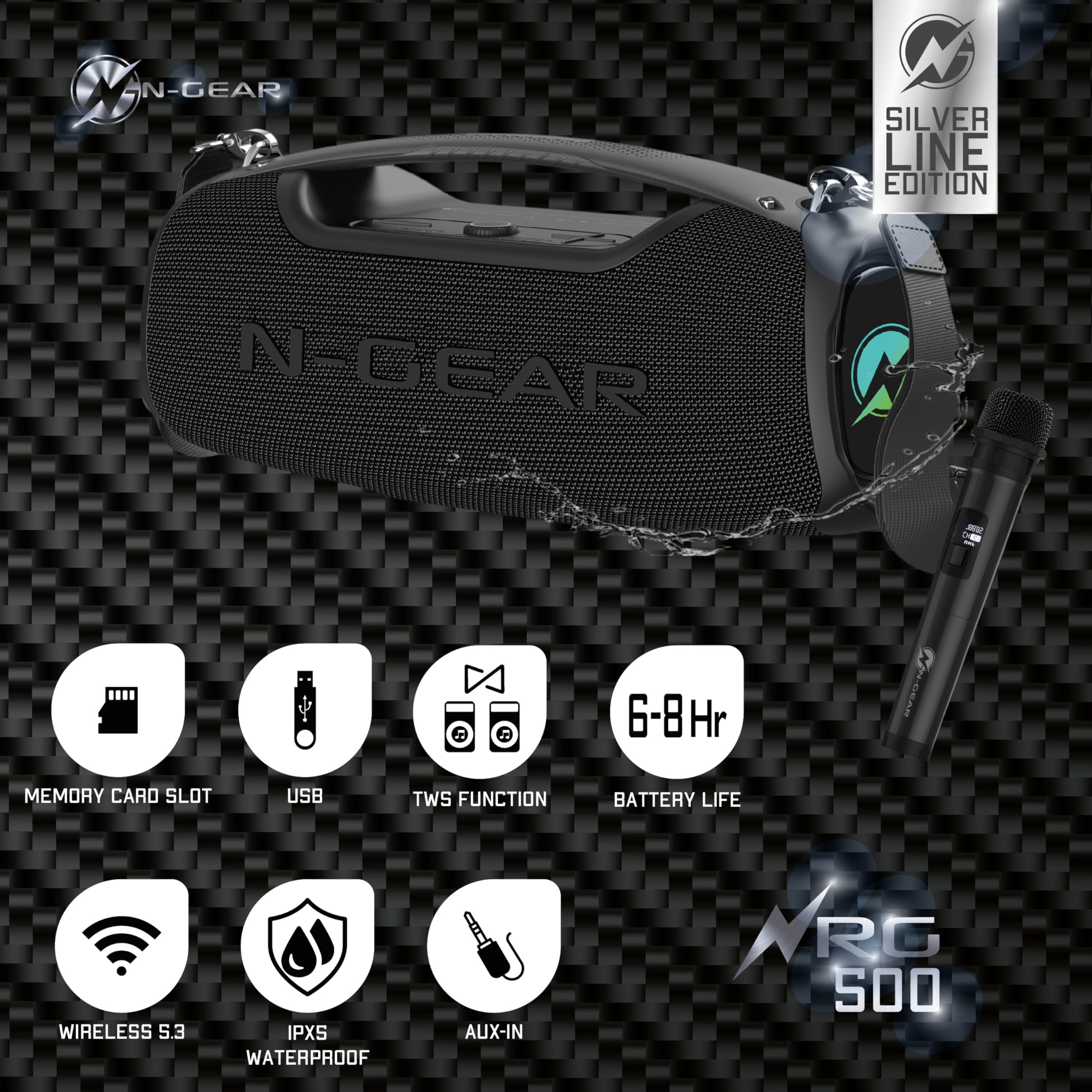 N-Gear NRG 500 – głośnik Bluetooth do użytku na zewnątrz, przenośny zestaw imprezowy z dźwiękiem i światłem na imprezę, Bluetooth Box z mikrofonem, 500 W, wodoszczelny, 8 godzin odtwarzania basów