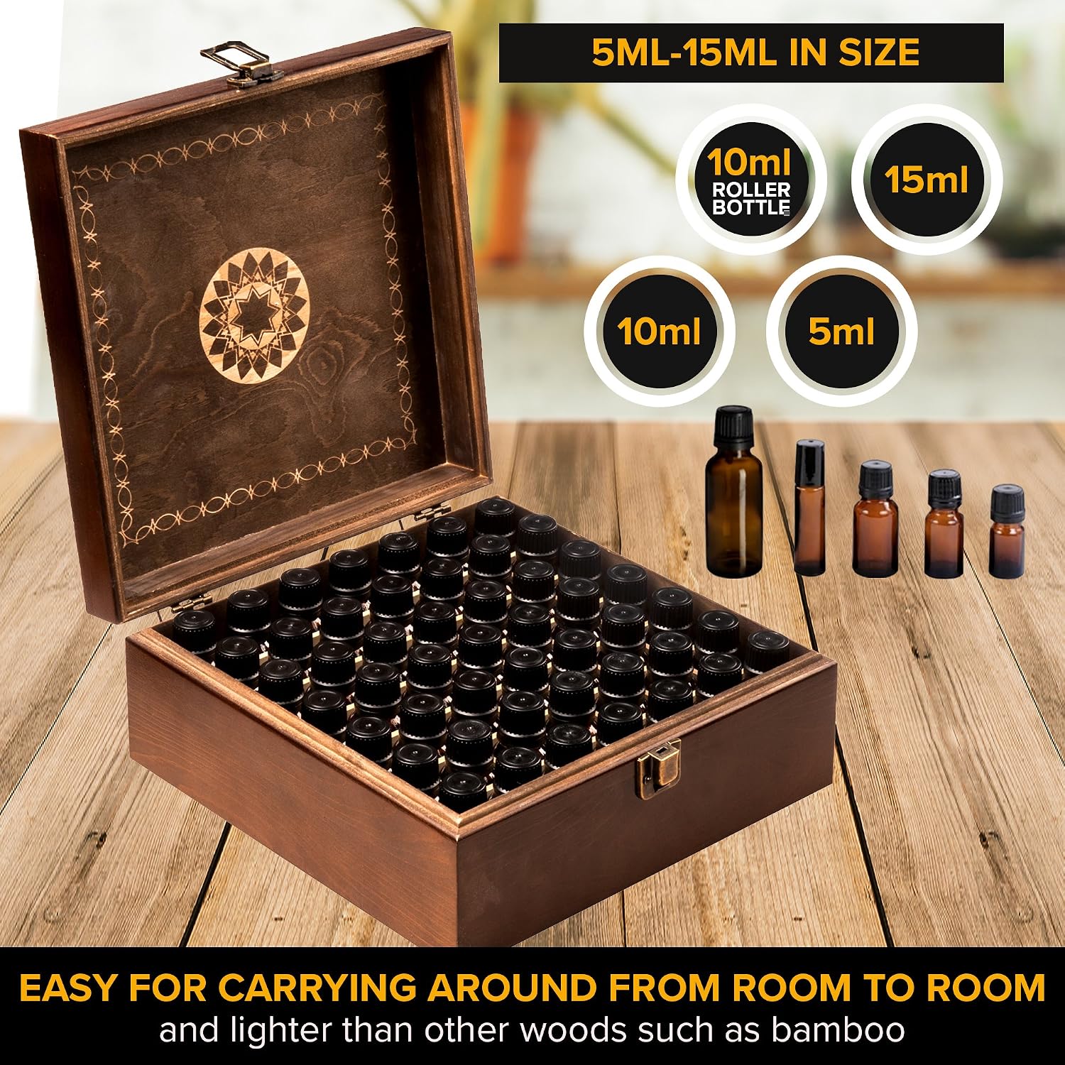 Beautiful Essential Oil Storage Box 49 Bottle - Holds 5-15ml & 10ml Roller Bottles - Free Roller Bottle Opener & 192 EO Labels - Wooden Oil Case Holder