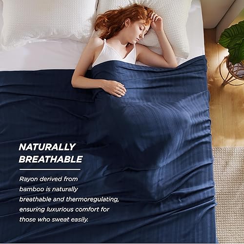 Miniatura 4 de Bedsure Manta ligera y refrescante, manta ligera fina 100% rayón derivado del bambú, manta de verano con textura jacquard, manta transpirable azul