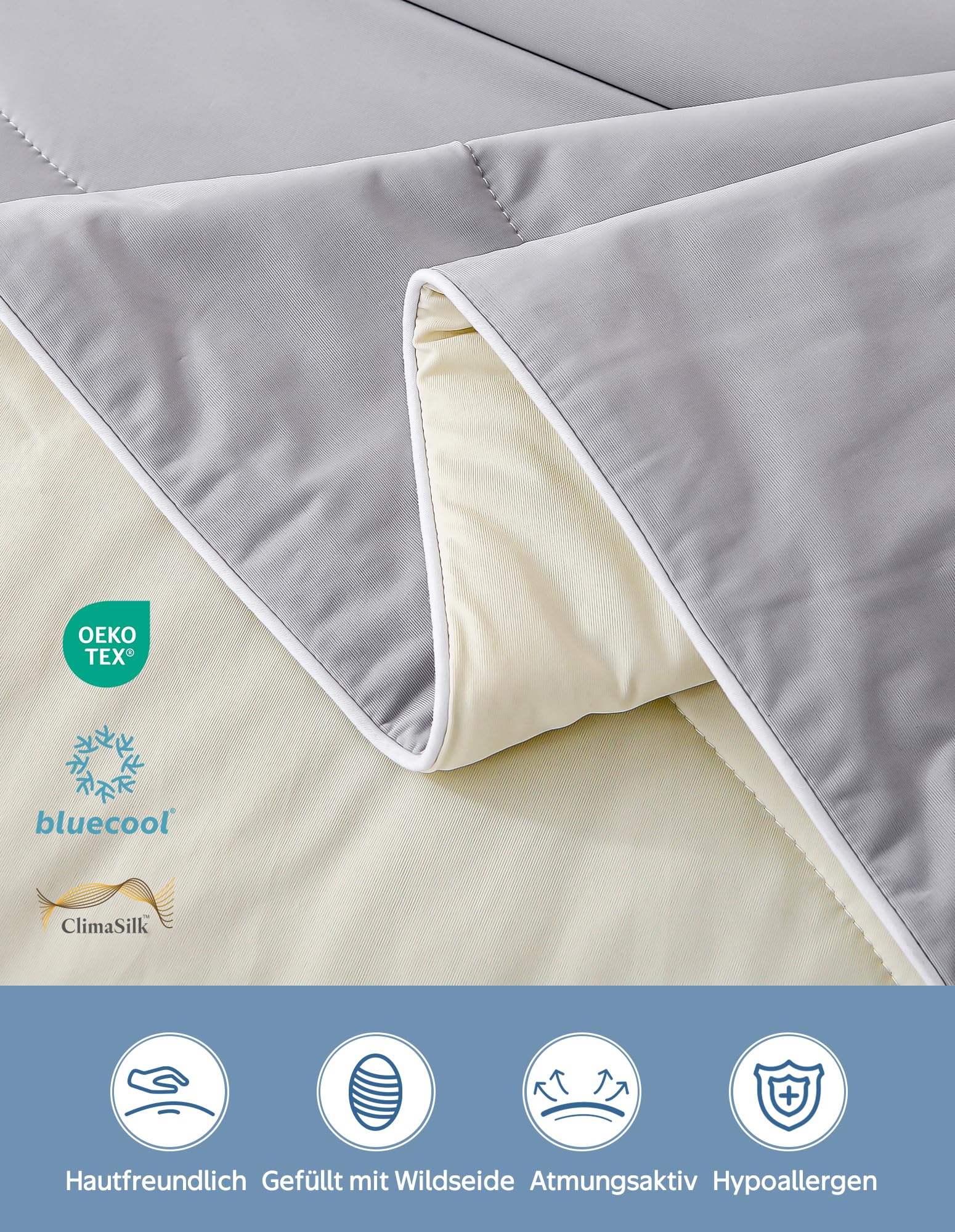 Dafinner Sommerdecke leicht Kühldecke Q-Max > 0,4 | Grey Beige 150×200cm | Luftige Bettdecke ohne Bezug | Oeko-Tex | Füllung 100% Wildseide | Kühlende Decke für heiße Schläfer