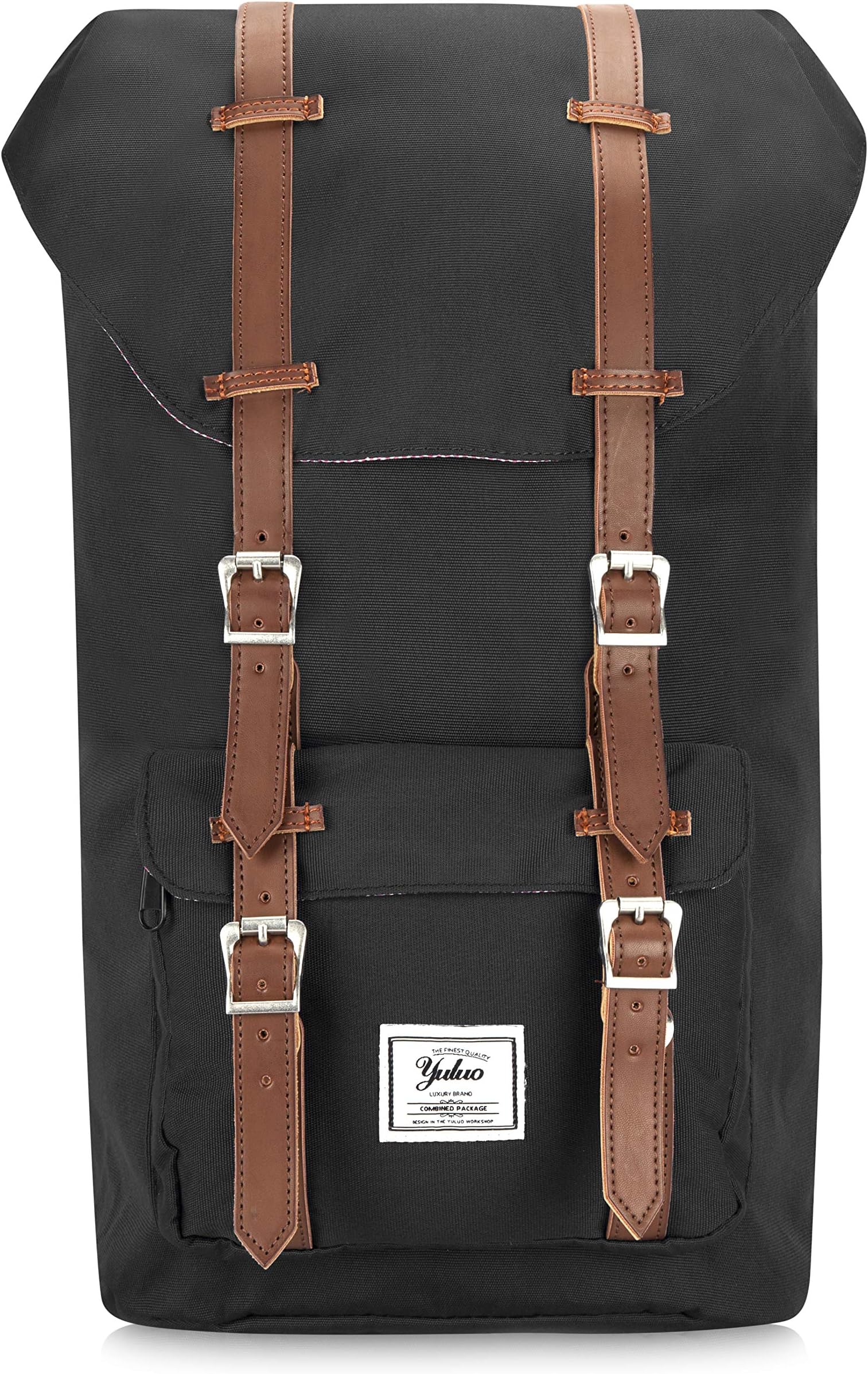 Yuluo – Modern Unisex Outdoor Waterproof Hiking Black Backpack with Classic Brown Belt Detailing – Fits Laptop up to 15.6”