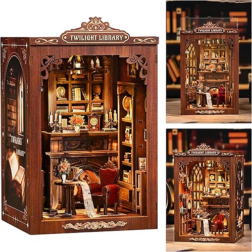 Miniatura 19 de ISSEVE Kit de rincón de libros para bricolaje, rompecabezas de madera 3D, kit de casa en miniatura para decoración de estantería, soporte mágico