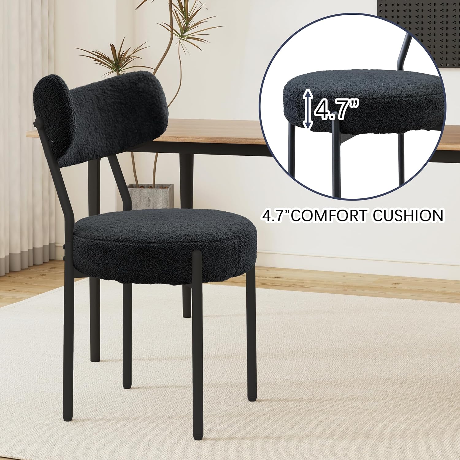 Boucle Dining Chairs Set of 4, Upholstered Dining Chairs with Curved Backrest, Round Modern Dining Chair with Black Metal Legs for Dining Room, Vanity, Black