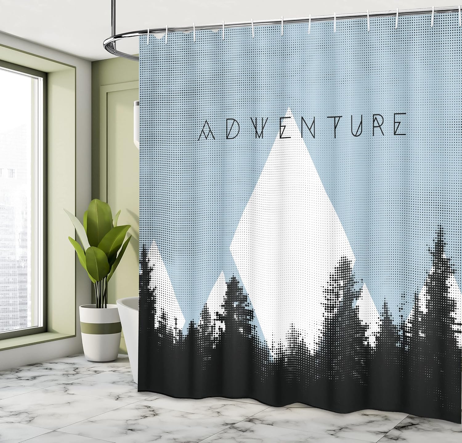 Ambesonne Adventure Shower Curtain, Forest Halftone Effect Hipster Typography Camping in Mountains, Cloth Fabric Bathroom Decor Set with Hooks, 69" W x 70" L, Pale Azure