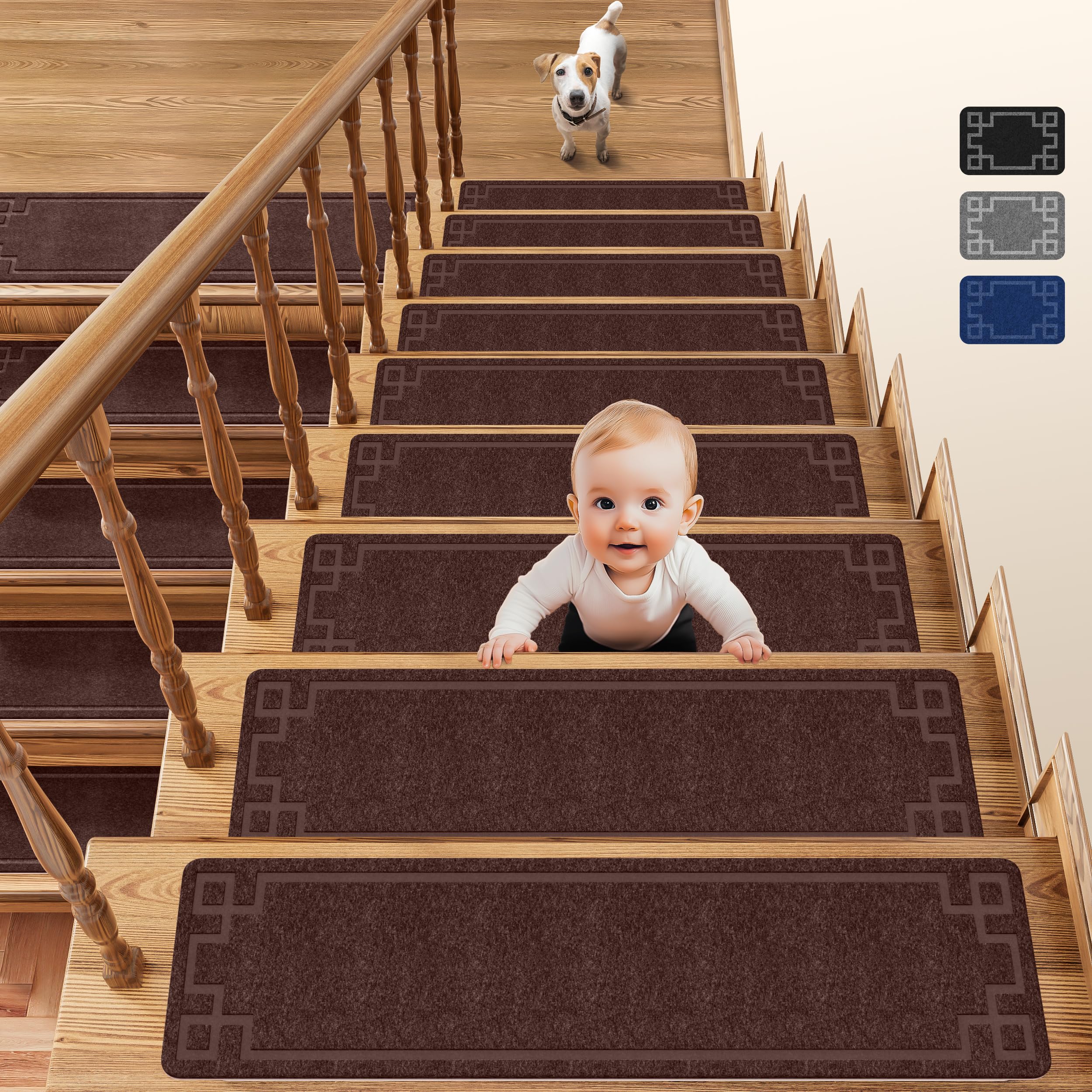 Stair Treads for Wooden Steps 8" X 30" / 20cm*76cm Treads for Stair treads Non Slip Indoor Carpet Stair fit Non Slip Stair treads for Children Elderly and Pets 15 Pack (Brown Box, 15-Pack 20x76cm)