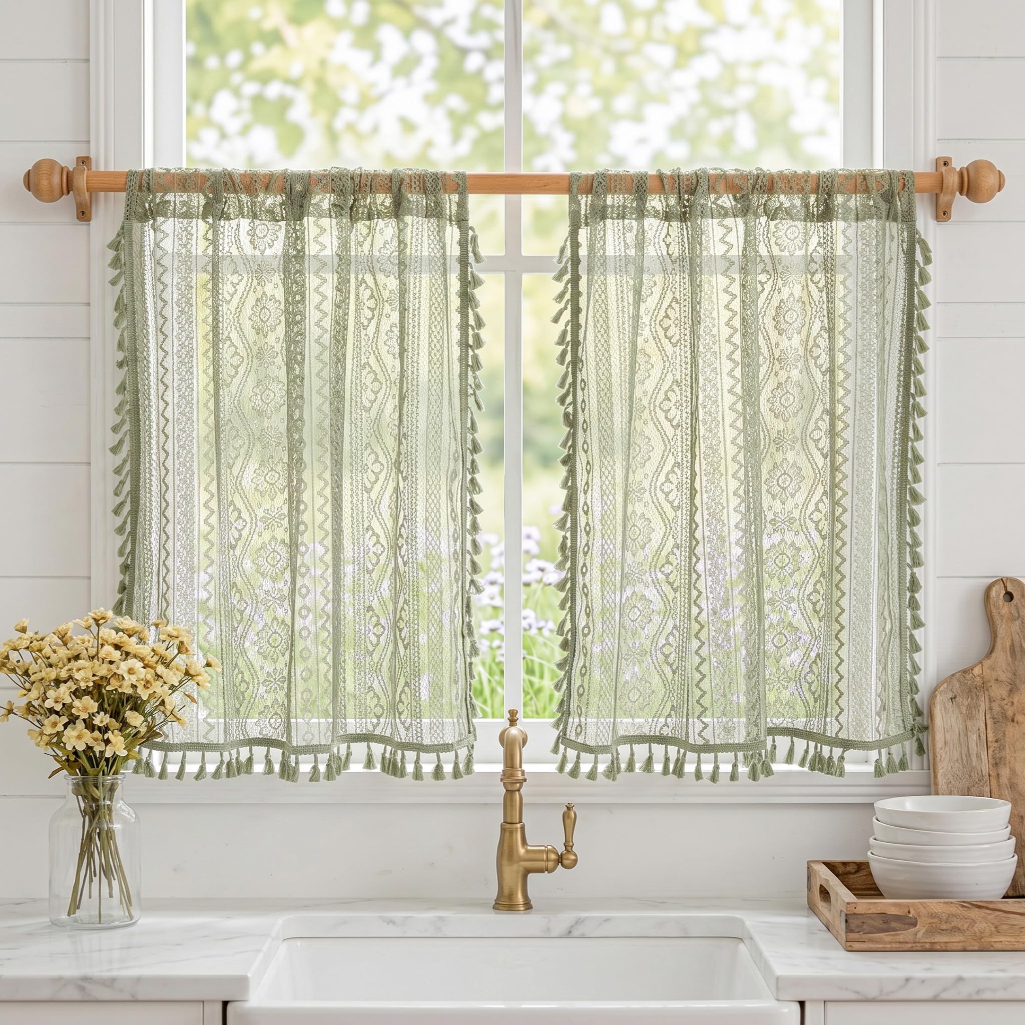 MYSKY HOME Sage Green Lace Tier Curtains 36 Inch Length 2 Panels Kitchen Cafe Sheer Short Boho Half Country Rod Pocket Curtains for Small Windows Basement Bathroom, 34" Wide Each Panel