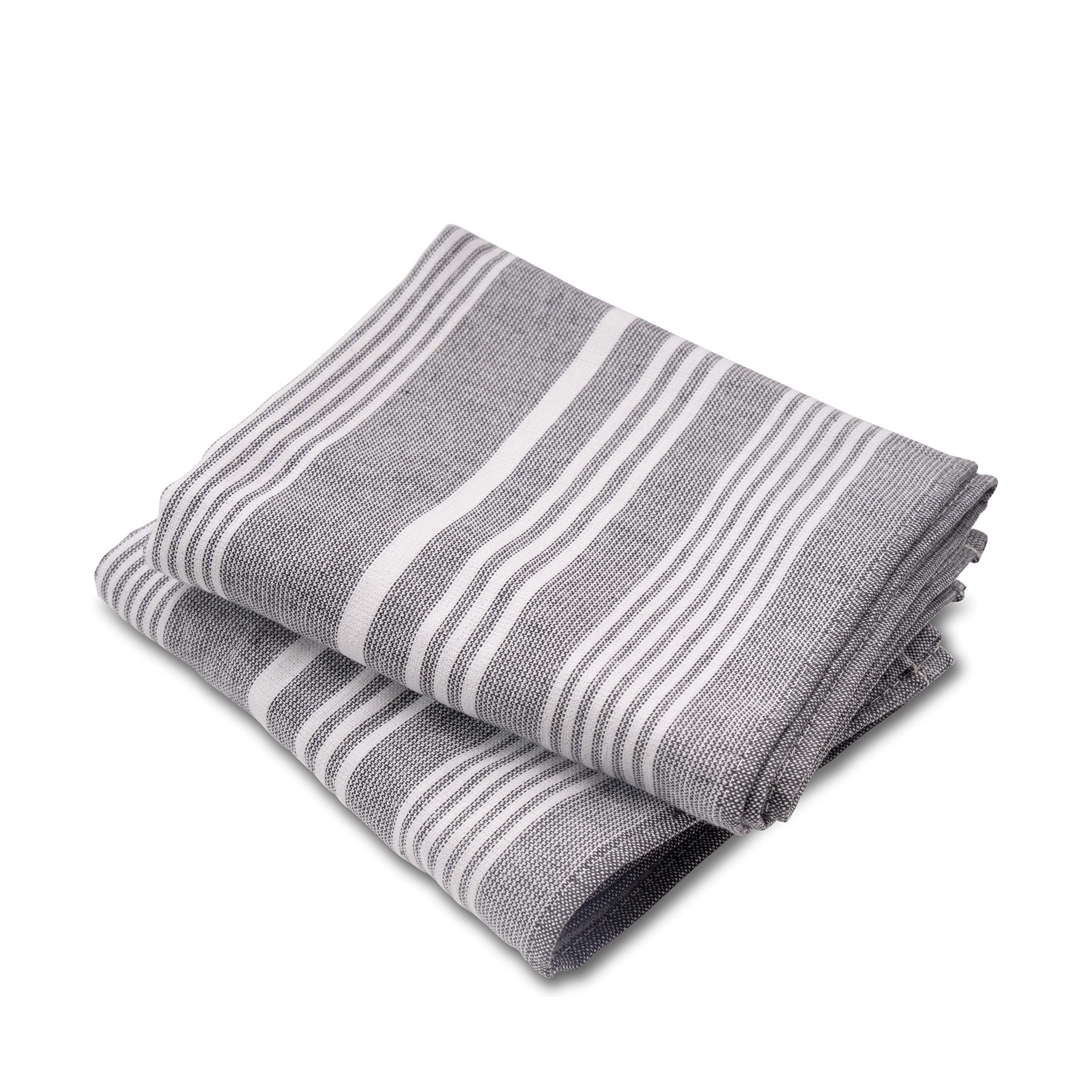 Cuisinart Fouta Striped Grey Tea Towels for Kitchen Set of 2 - Antibacterial, Hypoallergenic, Absorbent Terry Kitchen Towels, 40x70 cm