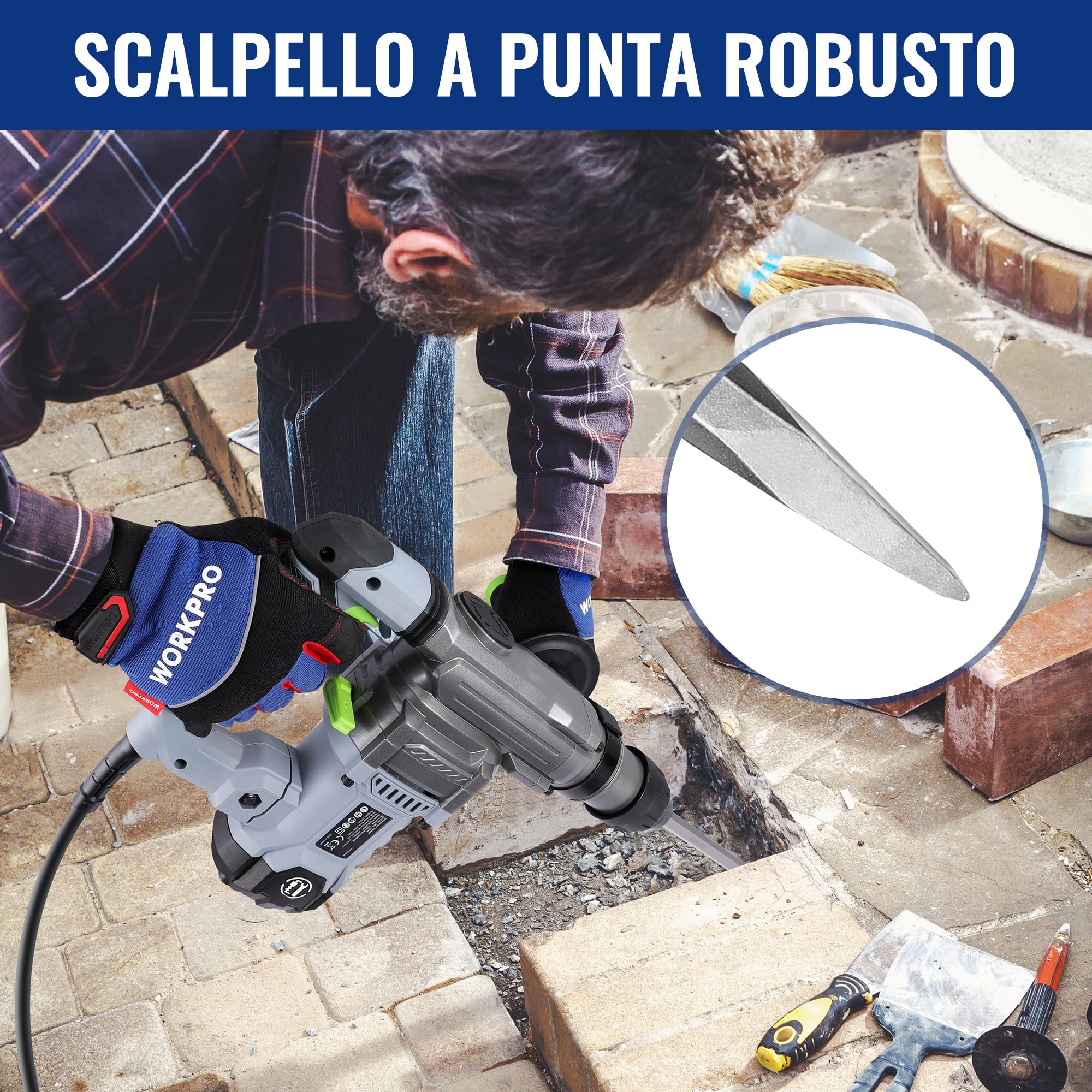 WORKPRO Set di Punte e Scalpelli SDS Plus da 17 Pezzi, Accessori per Trapano a Percussione, con Custodia, per Calcestruzzo, Piastrelle, Mattoni, Cemento, Pietra e Muratura