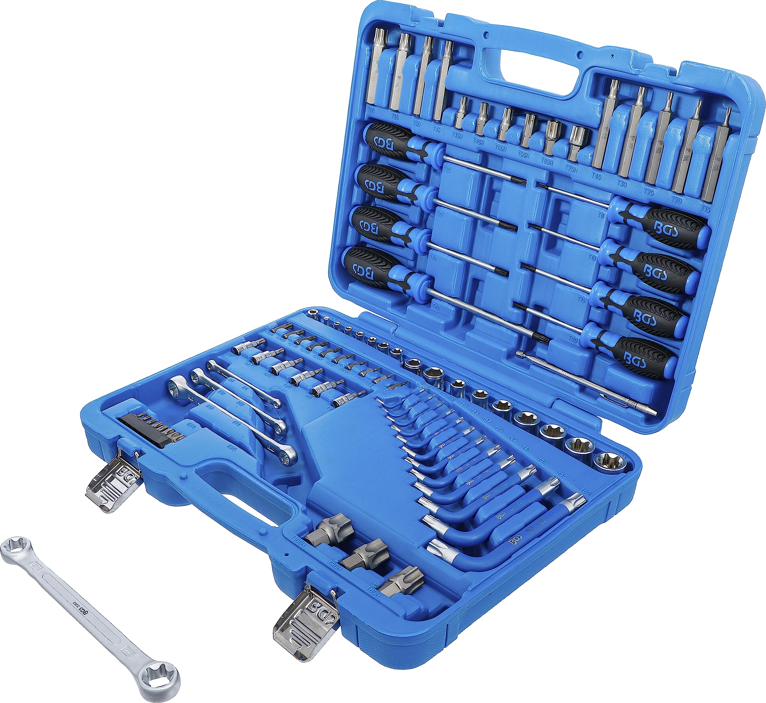 BGS 7849 | Juego de herramientas | 6,3 mm (1/4") + 12,5 mm (1/2") | E-Torx / perfil en T (para Torx) | 84 piezas | 6,3 mm (1/4") + 12,5 mm (1/2") | Acero al cromo vanadio | Puntas, llaves angulares, insertos de llave de vaso, adaptador