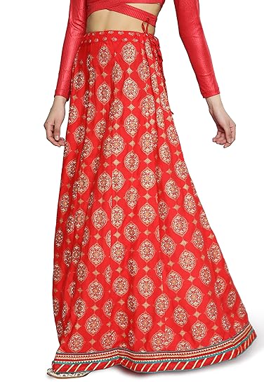 LYMI LABEL Ethnic Skirt for Women - Viscose Rayon Foil Printed A - Line Regular Fit Skirt with Gota Patti Border for Women