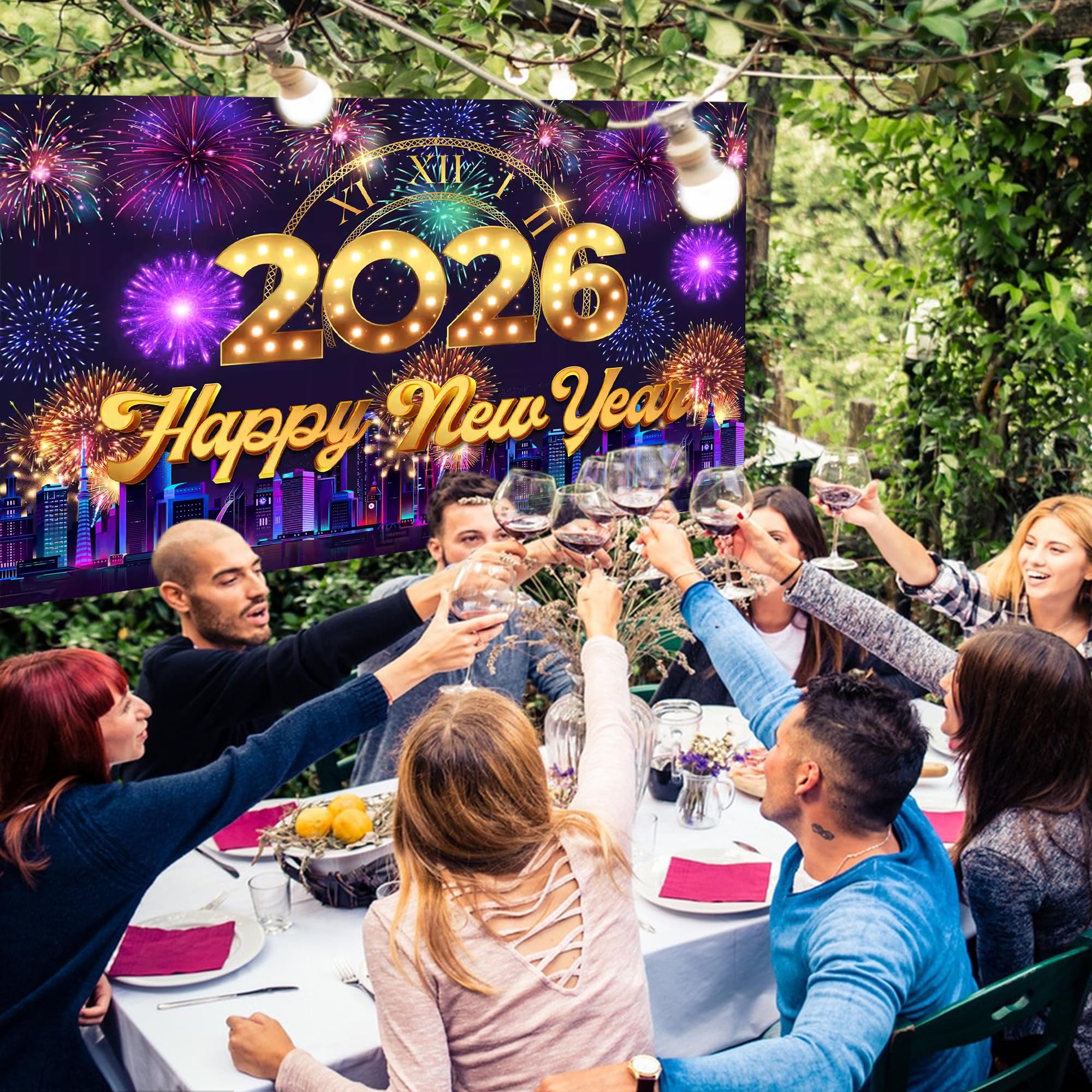 Happy New Year Banner 2026 New Years Eve Party Decorations New Year Photo Backdrop Props Purple Gold 2026 Banner Photo Booth Sign Background Supplies 180 * 110cm - Image 3