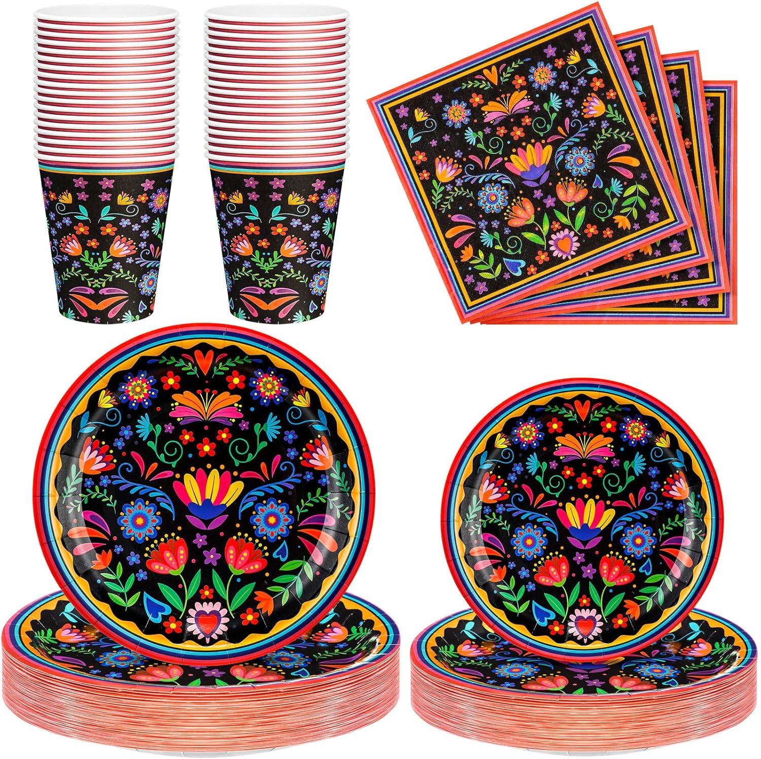 Domensi 200 Pieces Mexican Party Decoration Supplies Fiesta Tableware Set, Includes Mandala Flower Mexican Paper Plates and Napkins Cinco De Mayo Paper Cups for Taco Tuesday Birthday Party Decor