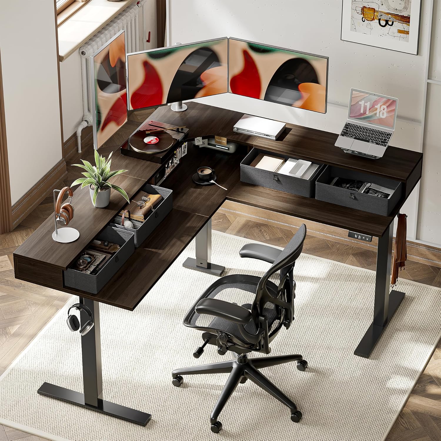 TIQLAB L Shaped 63 x 55 inch Standing Desk Adjustable Height, Electric Corner Standing Desk with 4 Drawers and Upper Shelf, Sit Stand Computer Table with Splice Board, Black Walnut