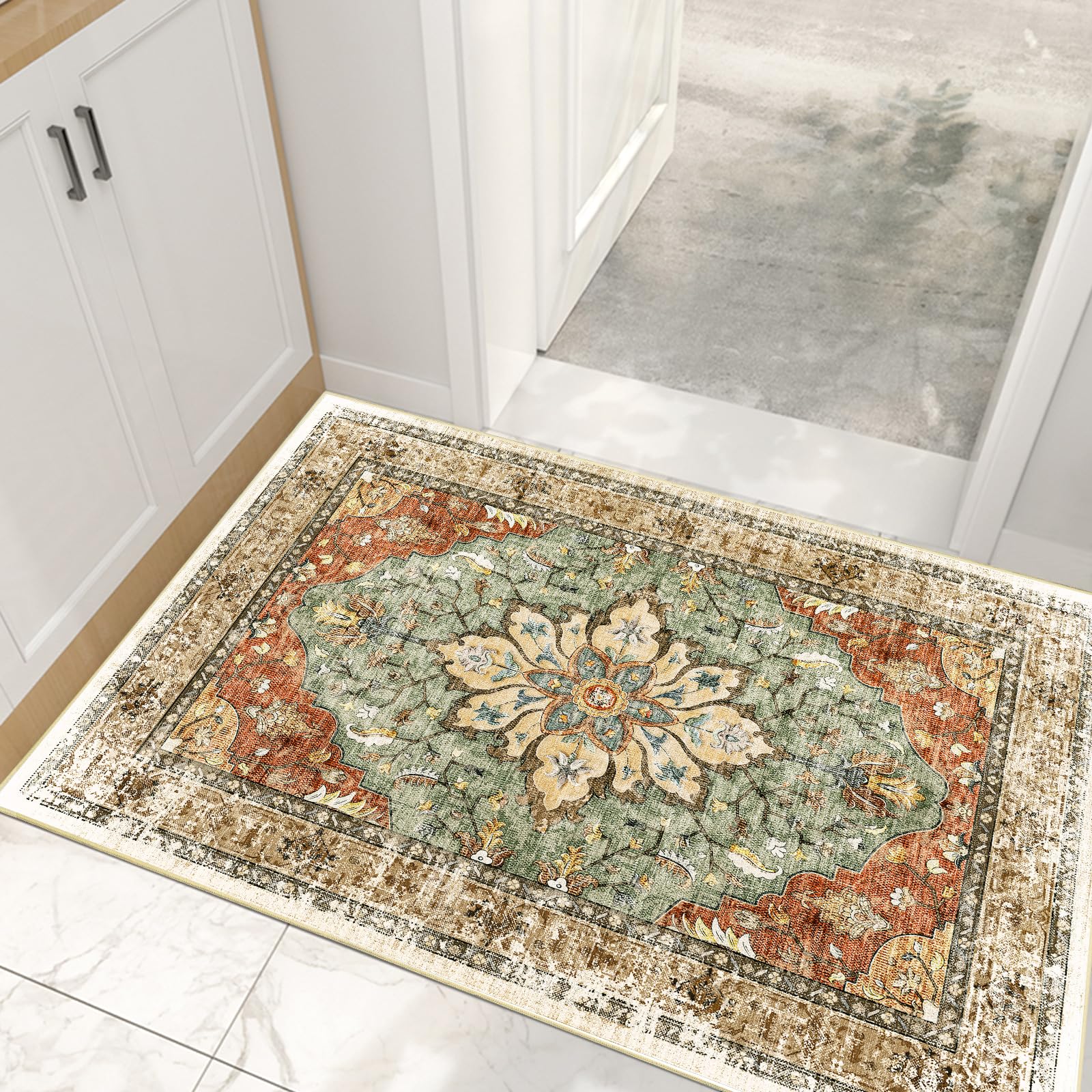 Photo 1 of 2x3 Area Rugs 2x3, Washable Rug, Non-Slip, Kitchen Rugs, Entryway Rug, Small Rug, Door Mat, Floor Carpet, Vintage Rugs Boho Floral Medallion, Low Pile, Soft, Brick Red Rust Red Neutral Brick/Brown 2x3