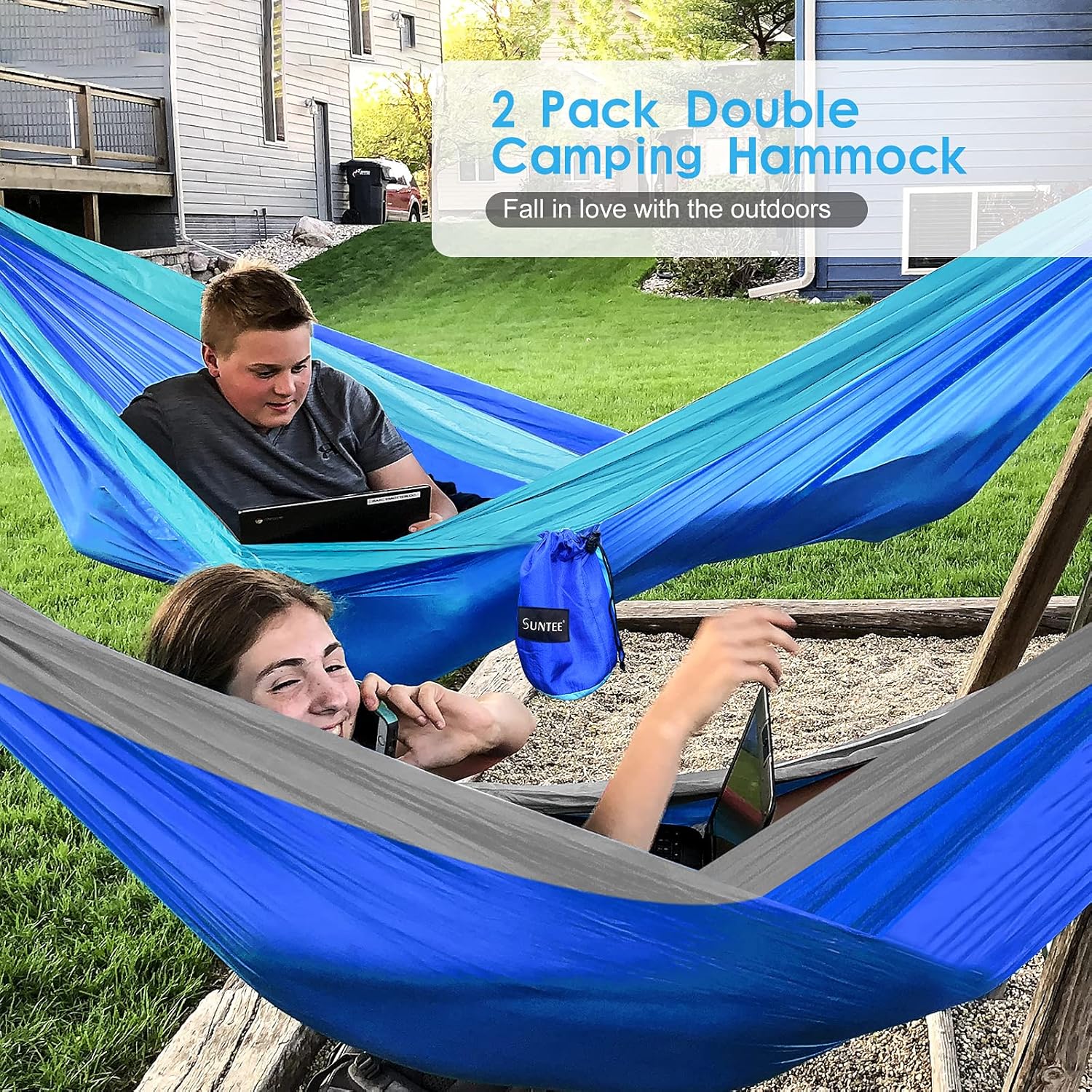 Suntee 2 Pack Camping Hammock Double & Single, Lightweight Nylon Parachute Hammocks with Tree Straps, Indoor Outdoor Portable Hammock for Survival Camping, Travel Hiking, Beach and Backyard : Sports & Outdoors