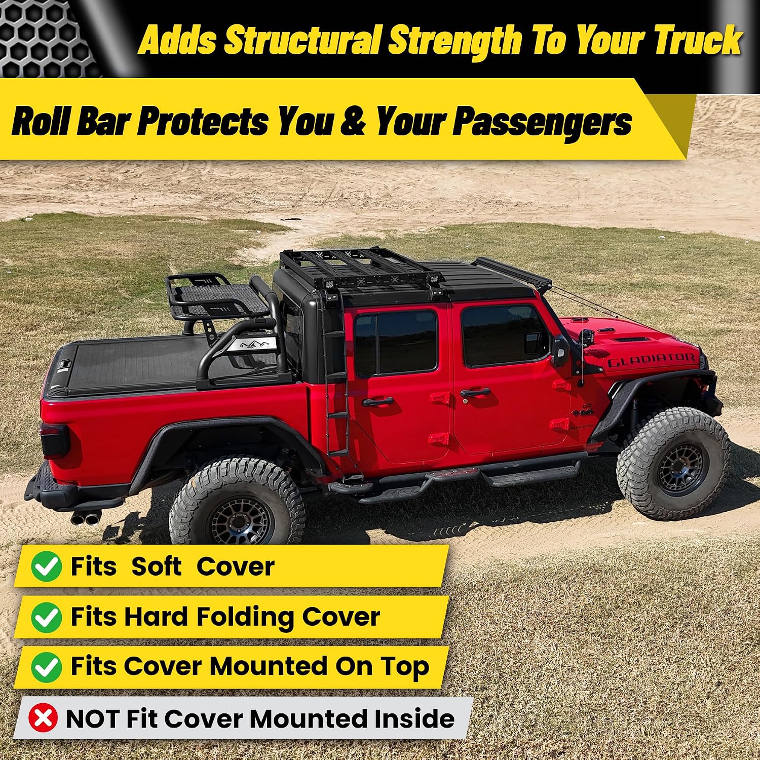 MONOKING Mid Size Roll Bar with Detachable Cargo Basket 3rd Brake Light, for Tonneau Cover for 2007-2026 Tacoma Gladiator Colorado Ranger Canyon Frontier Dakota, Rugged Carbon Steel