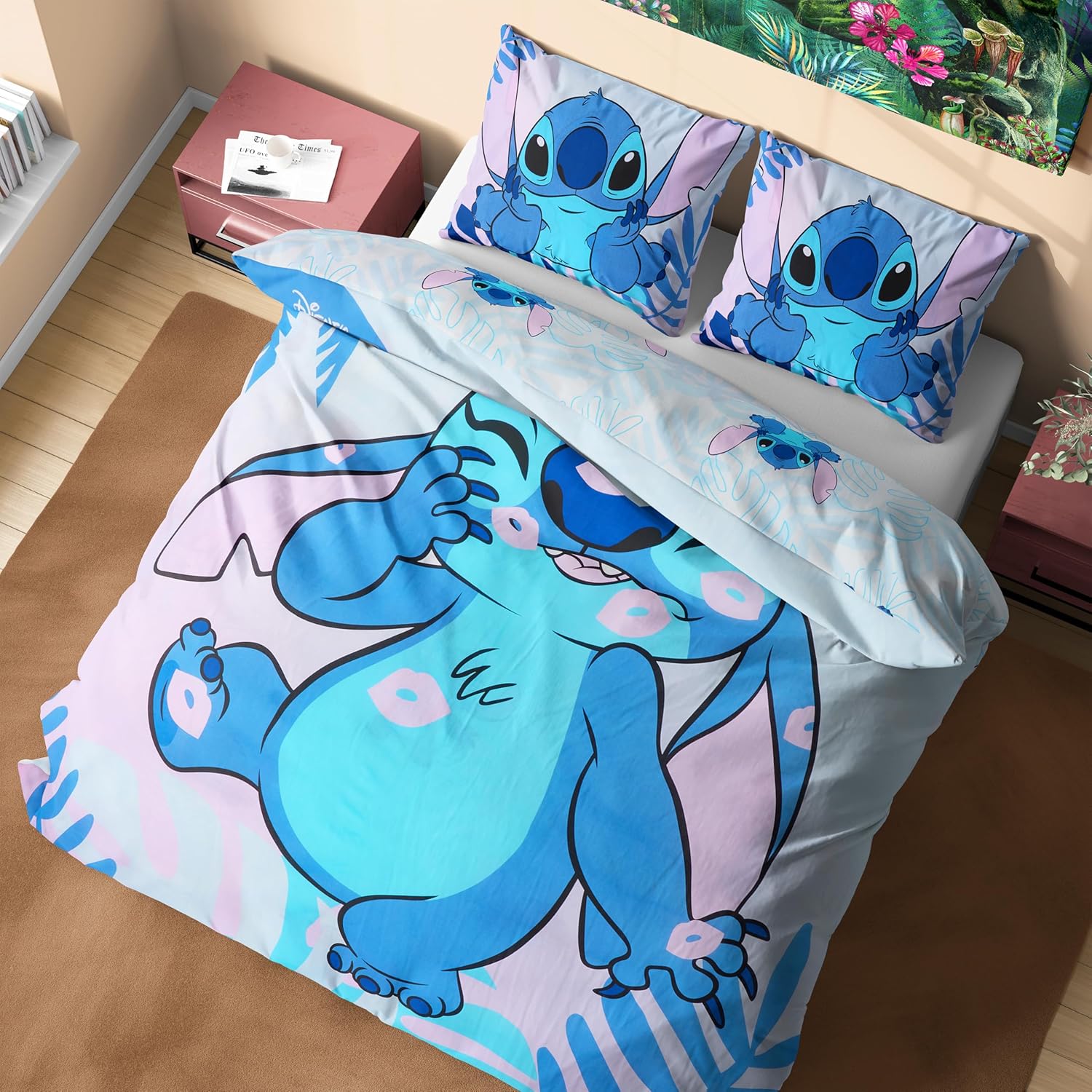 Disney Stitch Duvet Cover and Pillowcase Set, Single or Double Size, Bedroom Accessories for Kids Teens (Pink Stitch Single)