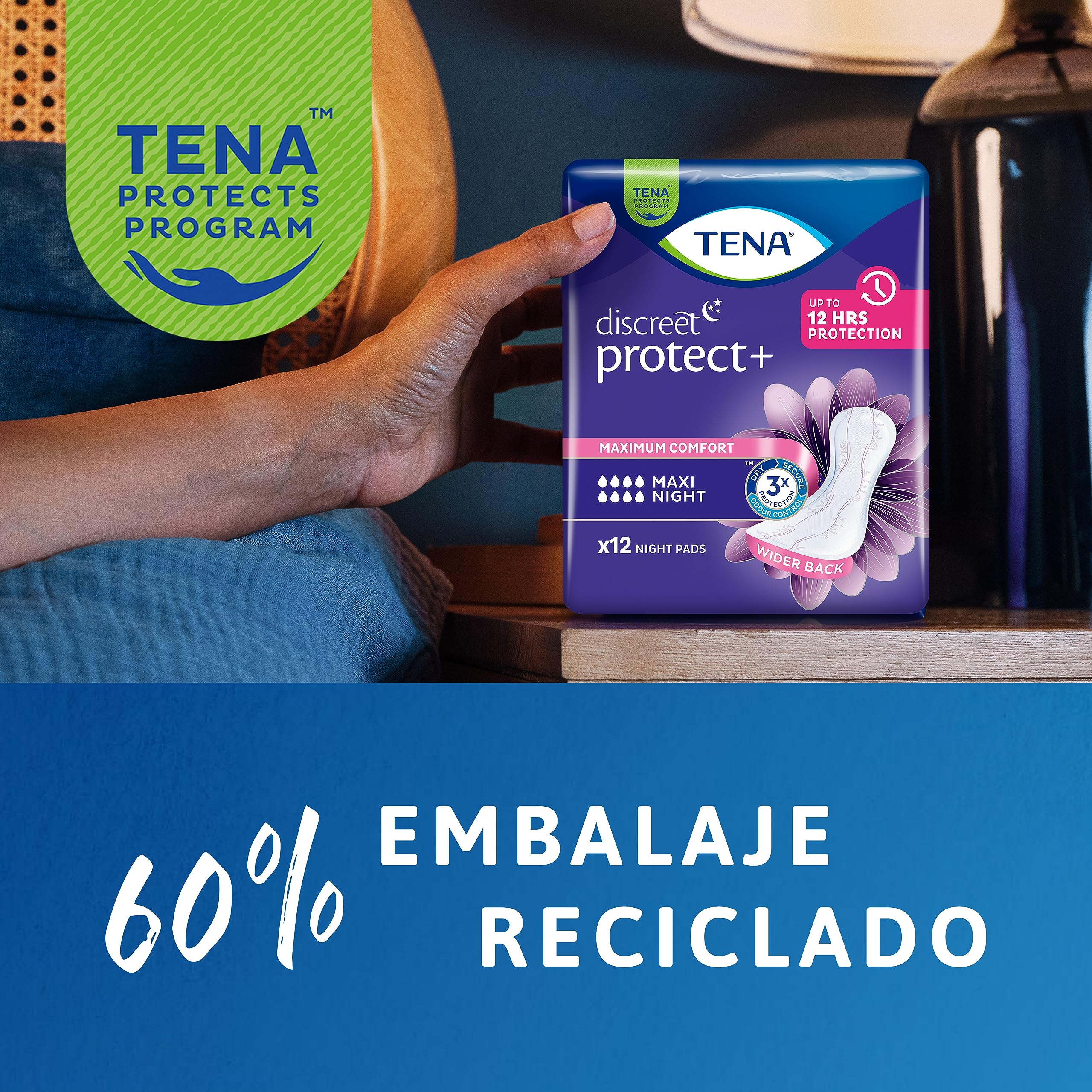 TENA Discreet Protect+ Maxi Night x48: Compresas Nocturnas para Mujeres - Máxima Protección y Confort al Acostarse, y Absorción con InstaDRY™ - Paquete Mensual de 48 unidades (6x8)