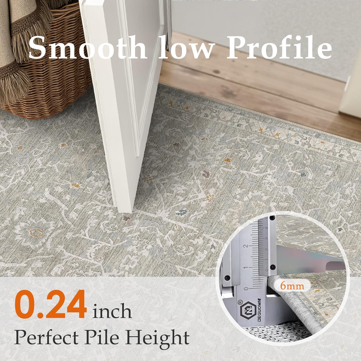 HUGEAR 2x6 Runner Rug Hallway Retro Grey Machine Washable Vintage Floral Low Pile Carpet Vacuumable Distressed Long Throw Rug Bedroom Office Bathroom Kitchen Laundry Non Slip Soft Lightweight