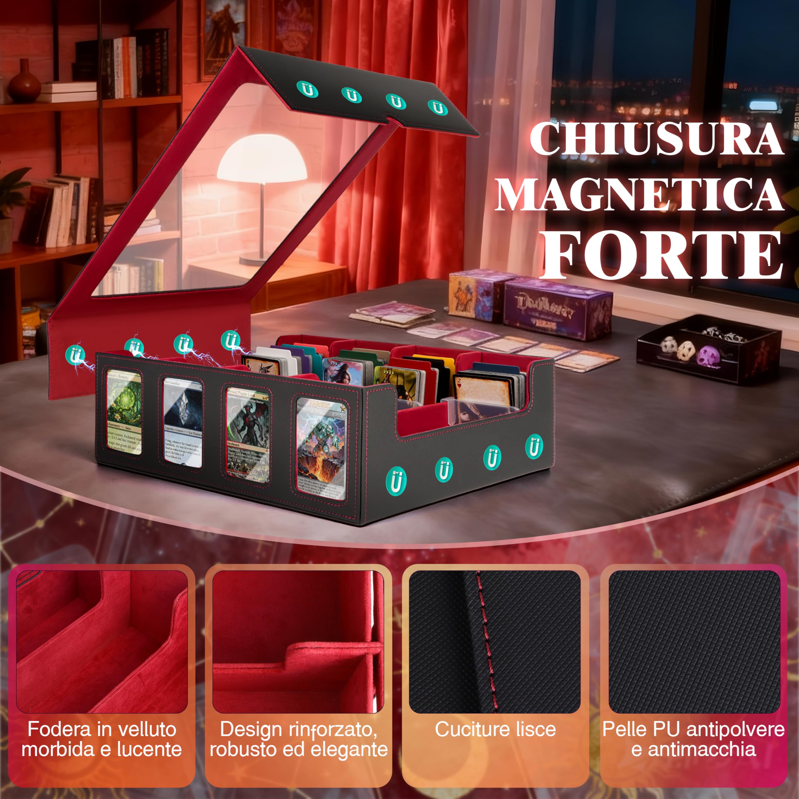 Charmofun Deck Box per Carte, Magnetic Scatola di Carte da Collezione per Oltre 2800+, Porta Deck con Pelle PU e Chiusura Magnetica, 10 Divisori per Carte, 4 Clip Divisorie (Rosso, 2400+)