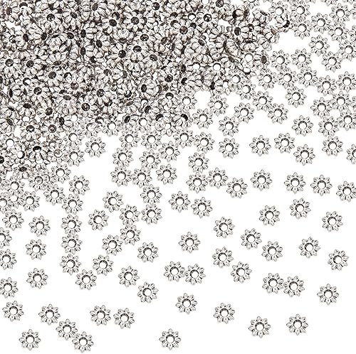 PH PandaHall 600 cuentas espaciadoras de flores, cuentas sueltas florales de margarita, espaciadores de metal de 0.217 x 0.079 in, cuentas de metal
