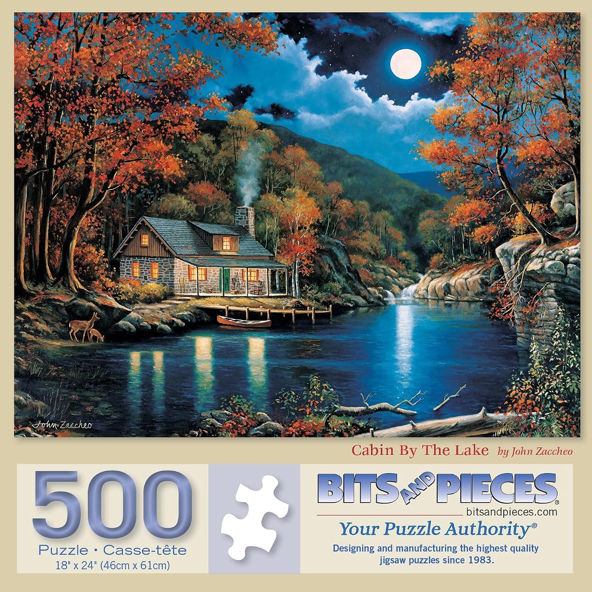 Bits and Pieces Rompecabezas para Adultos 500 Piezas - Cabaña junto al Lago | Rompecabezas de 18" x 24" de 500 piezas - Rompecabezas de paisajes rústicos a la luz de la luna - Cartón reciclado - Colores brillantes - Sin ajustes falsos