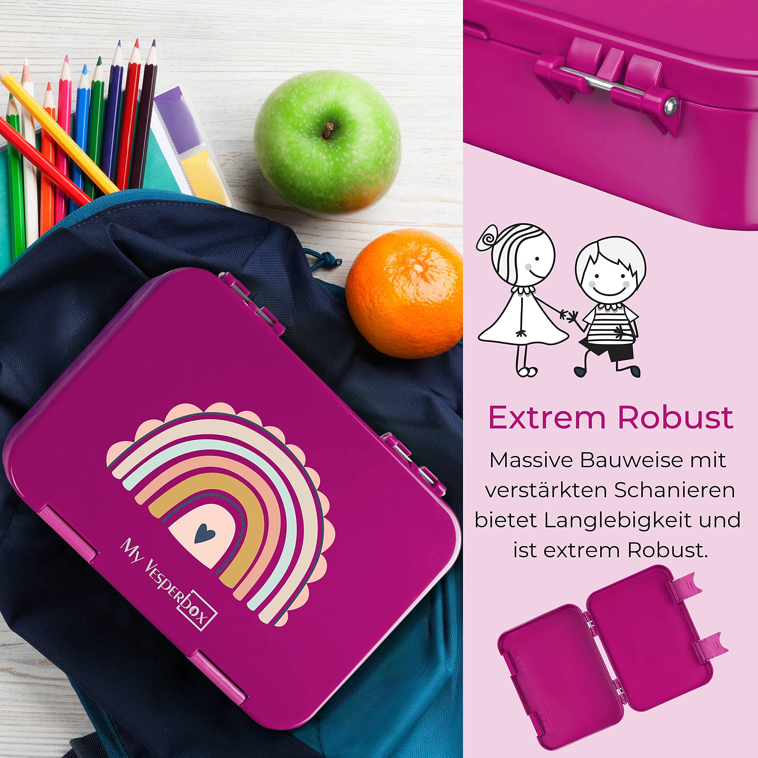 My Vesperbox – Len - Bento Box Kinder - Lunchbox mit 4+2 Fächern - extrem robust – Brotdose – Brotbox ideal für Kindergarten und Schule (Lila Regenbogen)