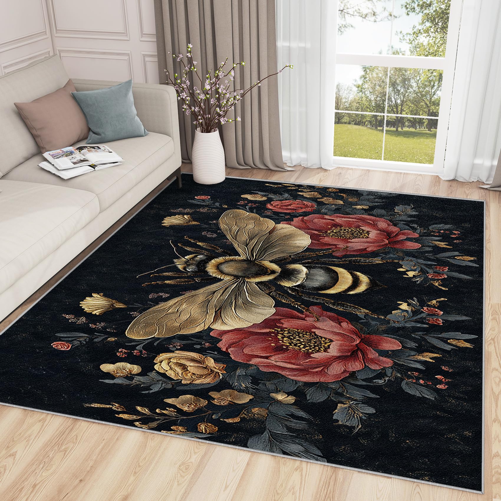 Aquailis Bee Rugs for Home - Vintage Floral Rug, 4x5 Rug, Peony Botanical Area Rug, Wildflower Insect Washable Rugs for Living Room Bedroom, Farmhouse