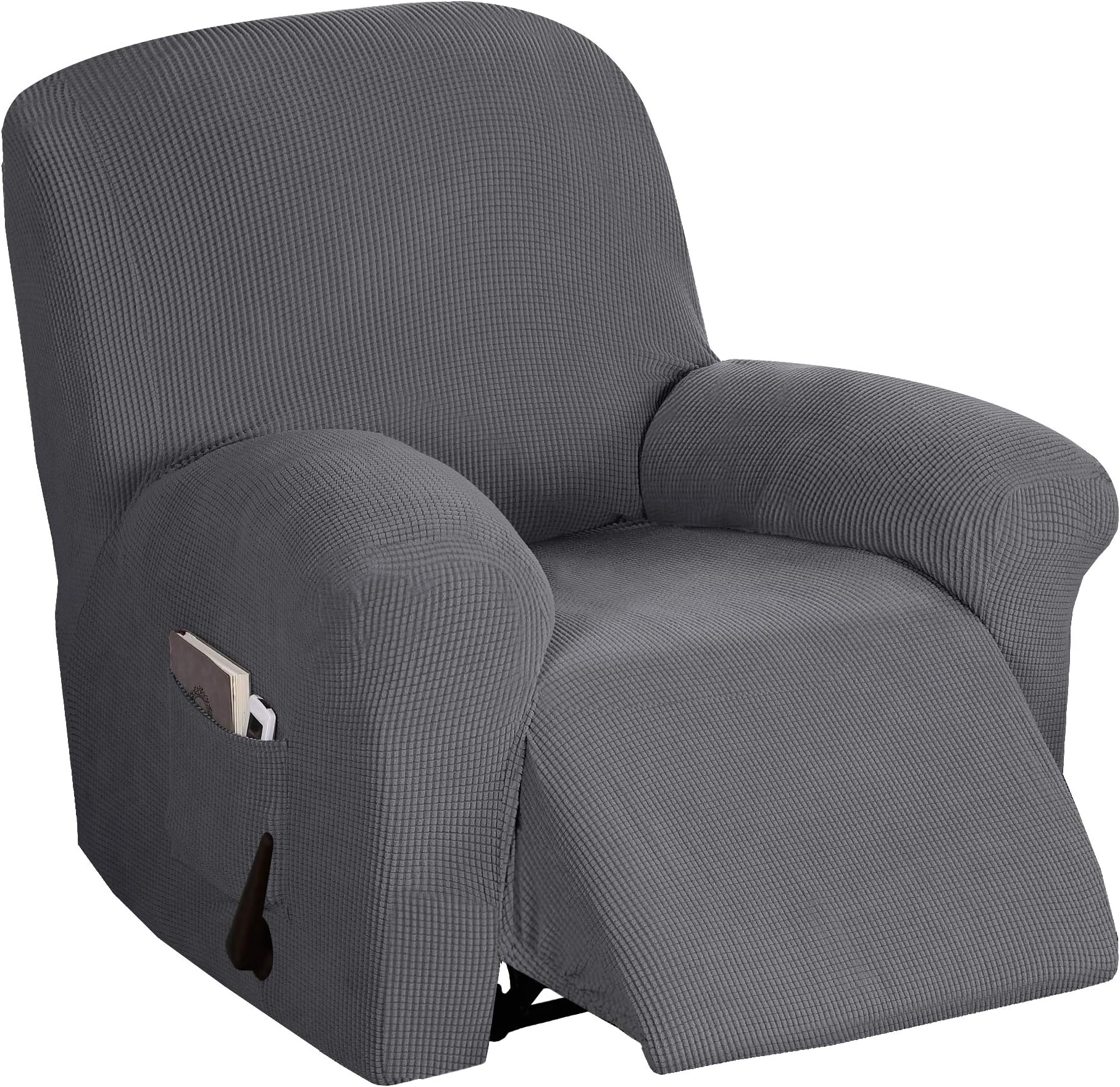 BellaHills Stretch Recliner Cover Recliner Chair Covers for Living Room Recliner Chair Slipcover with Side Pocket, Thick Soft Small Checked Jacquard, Fitted Standard/Oversized Recliner, Charcoal Gray