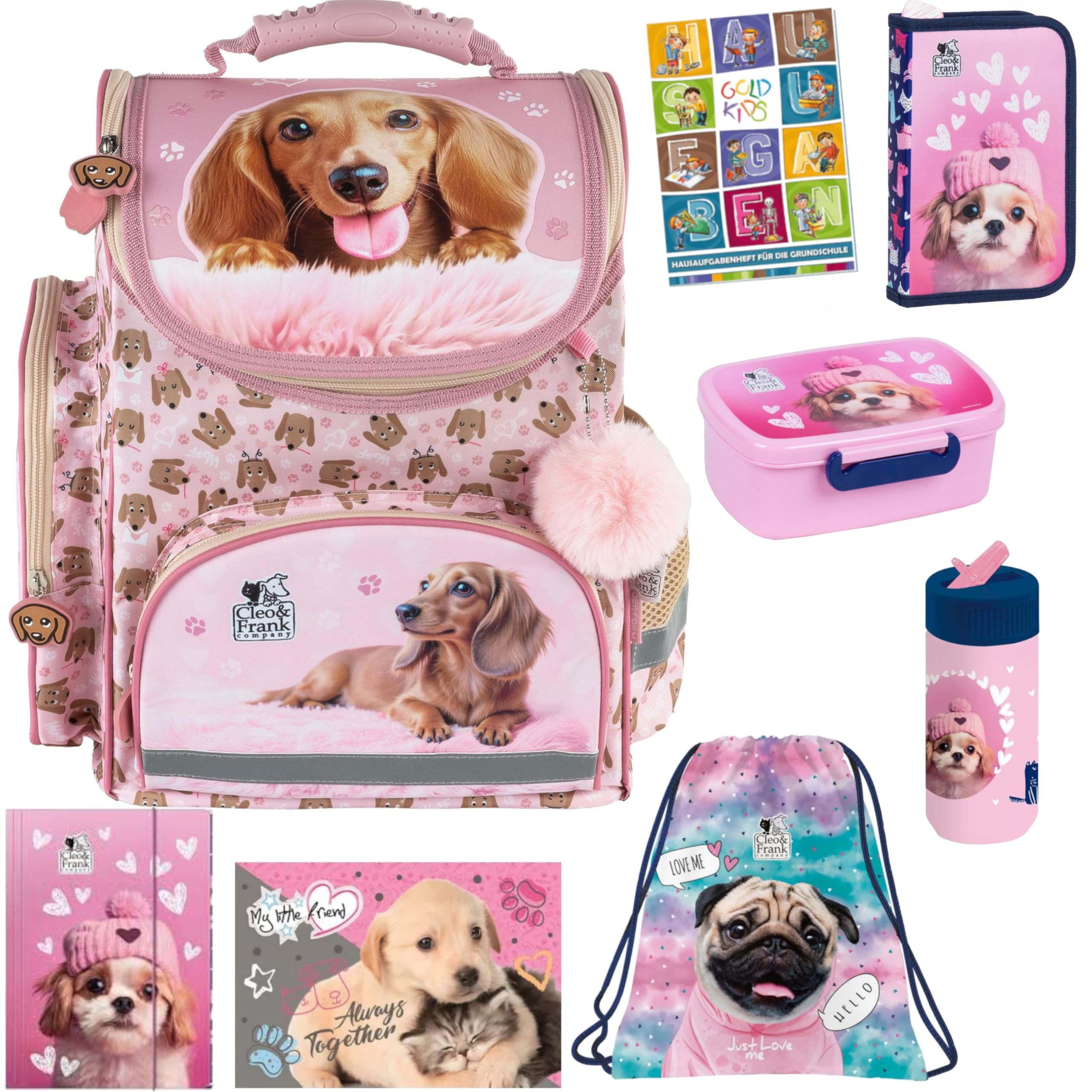 PASO- Schulranzen für Mädchen, 8er-Set - Schul-Rucksack für Kinder mit Federmäppchen - Schuhbeutel Trinkflasche und Brotdose - Hund Motiv- 1-3 Klasse
