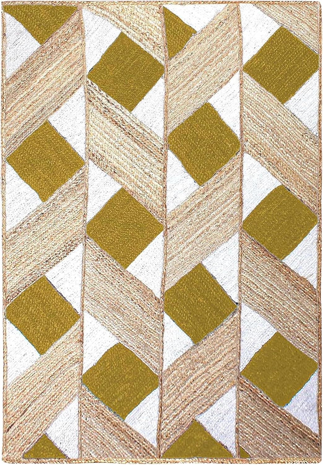 Hand Woven Jute Area Rug 12x15 Ft Yellow Geometric Boho Rugs Natural Fiber Patio Jute Rug Braided Farmhouse, Living Room, Bedroom, Pet-Friendly, Indian Home Décor