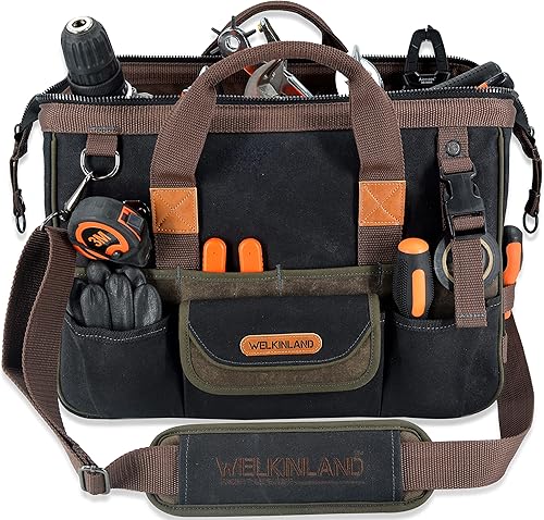 WELKINLAND Bolsa de herramientas de lona encerada de 32 bolsillos, Bolsa de herramientas de electricista resistente, Bolsa de herramientas HVAC,