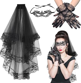 Halloween Black Lace Veil, Costume Weddingg Veil with Comb Black Lace Gloves and Eye Mask for Women Cosplay Set