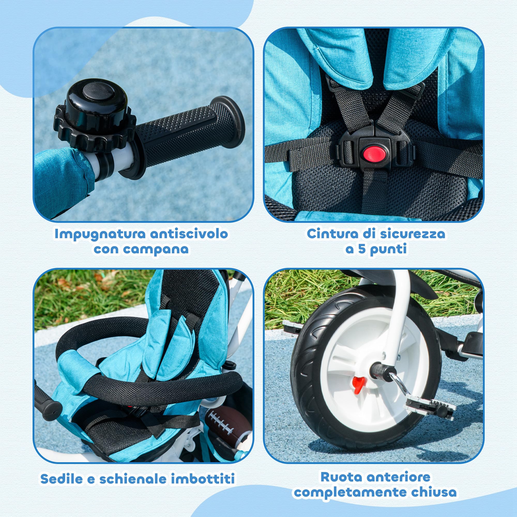 HOMCOM Triciclo per Bambini con Maniglione 6 in 1, Passeggino per Bambini con Tettuccio Regolabile, Cintura di Sicurezza e Cestino, Età 1-5 Anni, Blu
