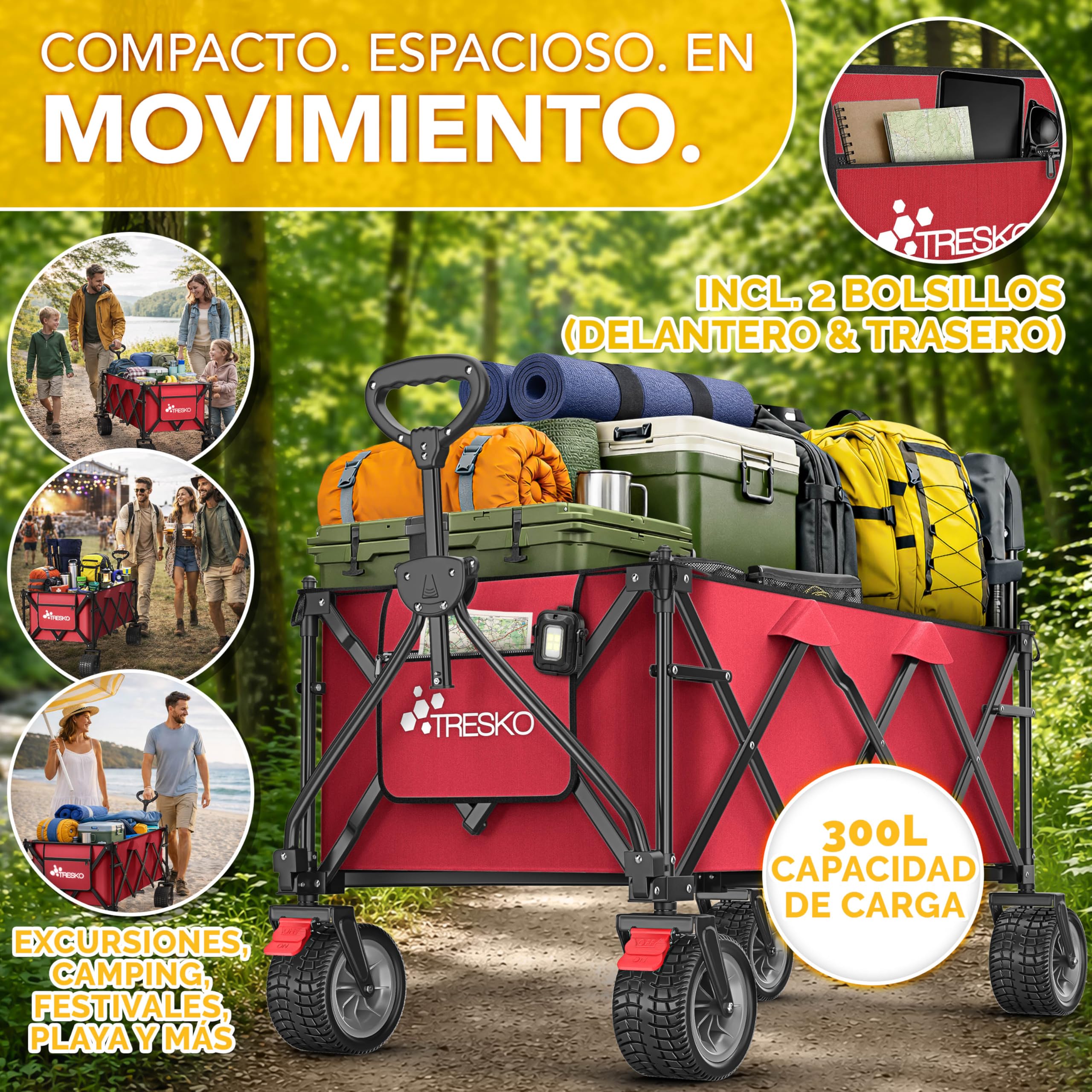 TRESKO® Carro plegable de 300 l con freno, carro de mano plegable, 150 kg, incluye neumáticos de goma maciza, carrito de playa plegable, ruedas extra anchas, con bolsa de transporte, color rojo