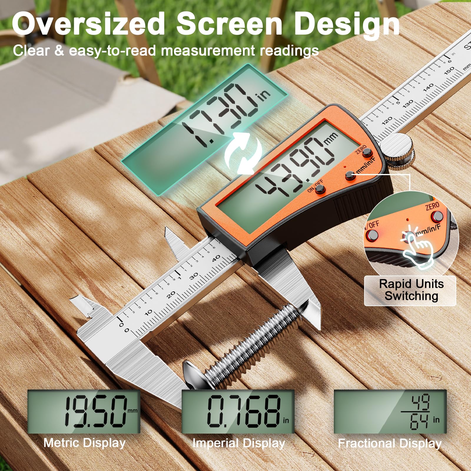 Preciva Calibrador digital recargable, micrómetro de acero inoxidable de pantalla grande con protección IP54