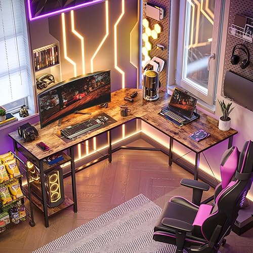 Miniatura 16 de CubiCubi Escritorio en forma de L de 59 pulgadas con puertos de carga USB y luces LED, escritorio de esquina para computadora con cajón y estante de