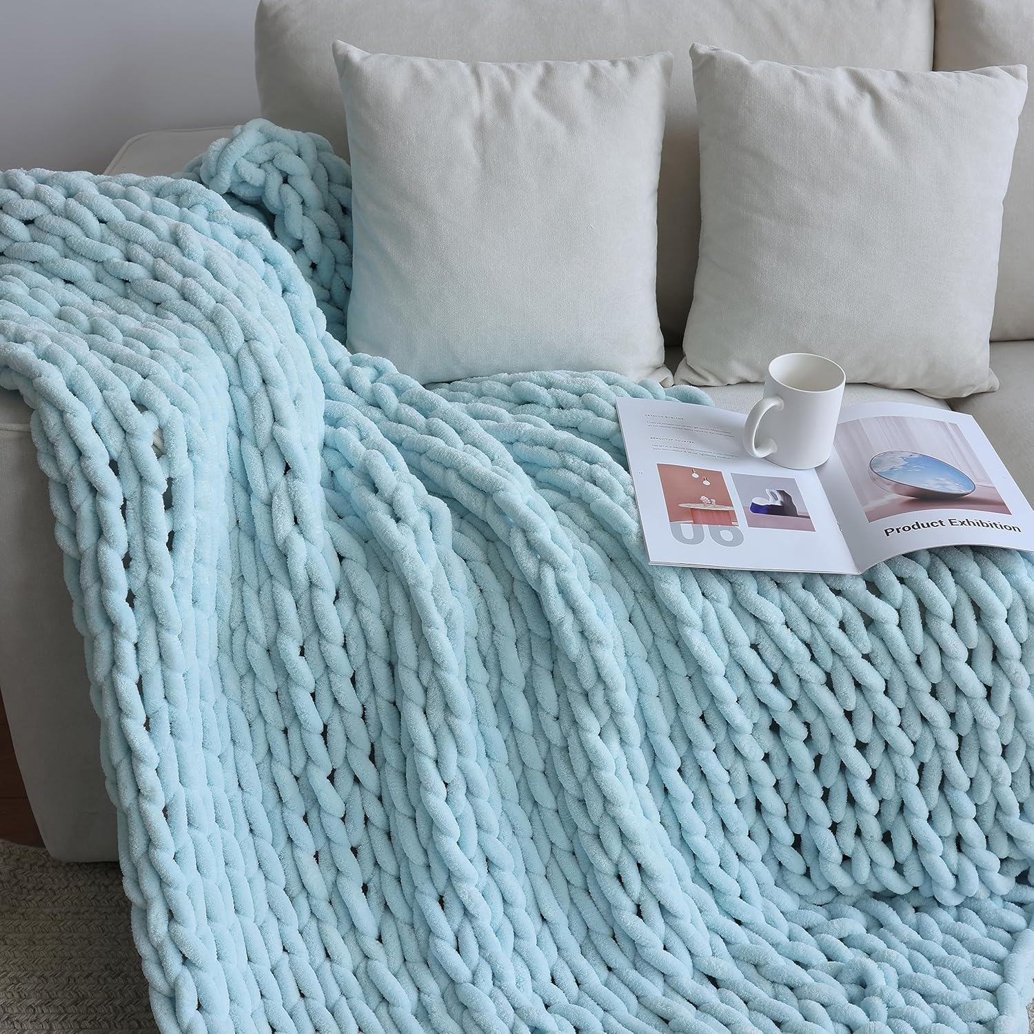 Maetoow Chenille Chunky Knit Blanket Throw （50×60 Inch）, Handmade Warm & Cozy Blanket Couch, Bed, Home Decor, Soft Breathable Fleece Banket, Christmas Thick and Giant Yarn Throws, Baby Blue - Image 5