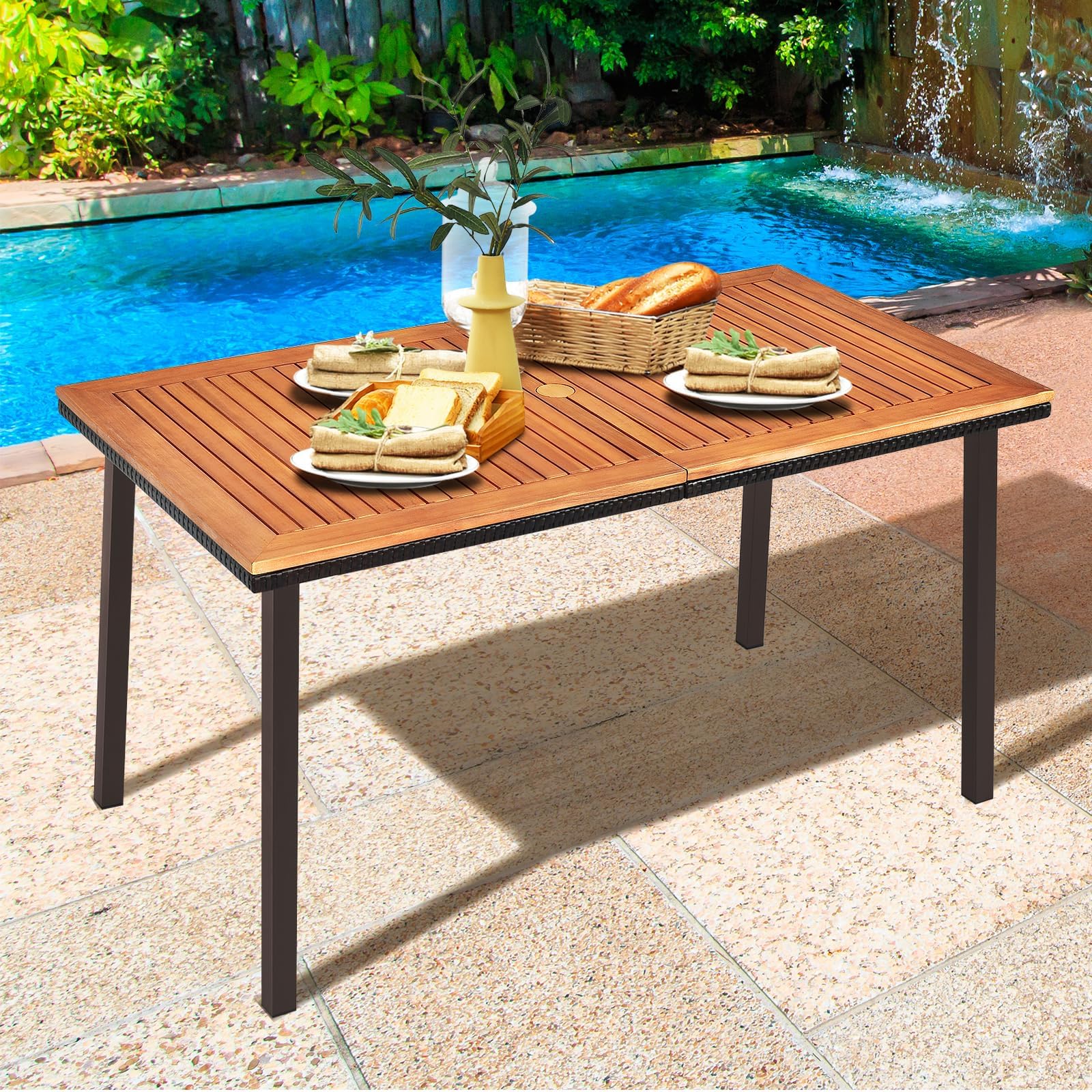RELAX4LIFE Tavolo da Giardino in Legno di Acacia con Foro Ombrellone 6 cm, Gambe in Metallo, per 6 Persone, Design a Doghe per Esterno, Terrazza, Patio, Portata 50KG (140x75x76cm, Rettangolare)