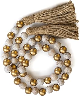 Wooden Bead Garland Decor, Farmhouse Boho Tassel Garland Wood Beads