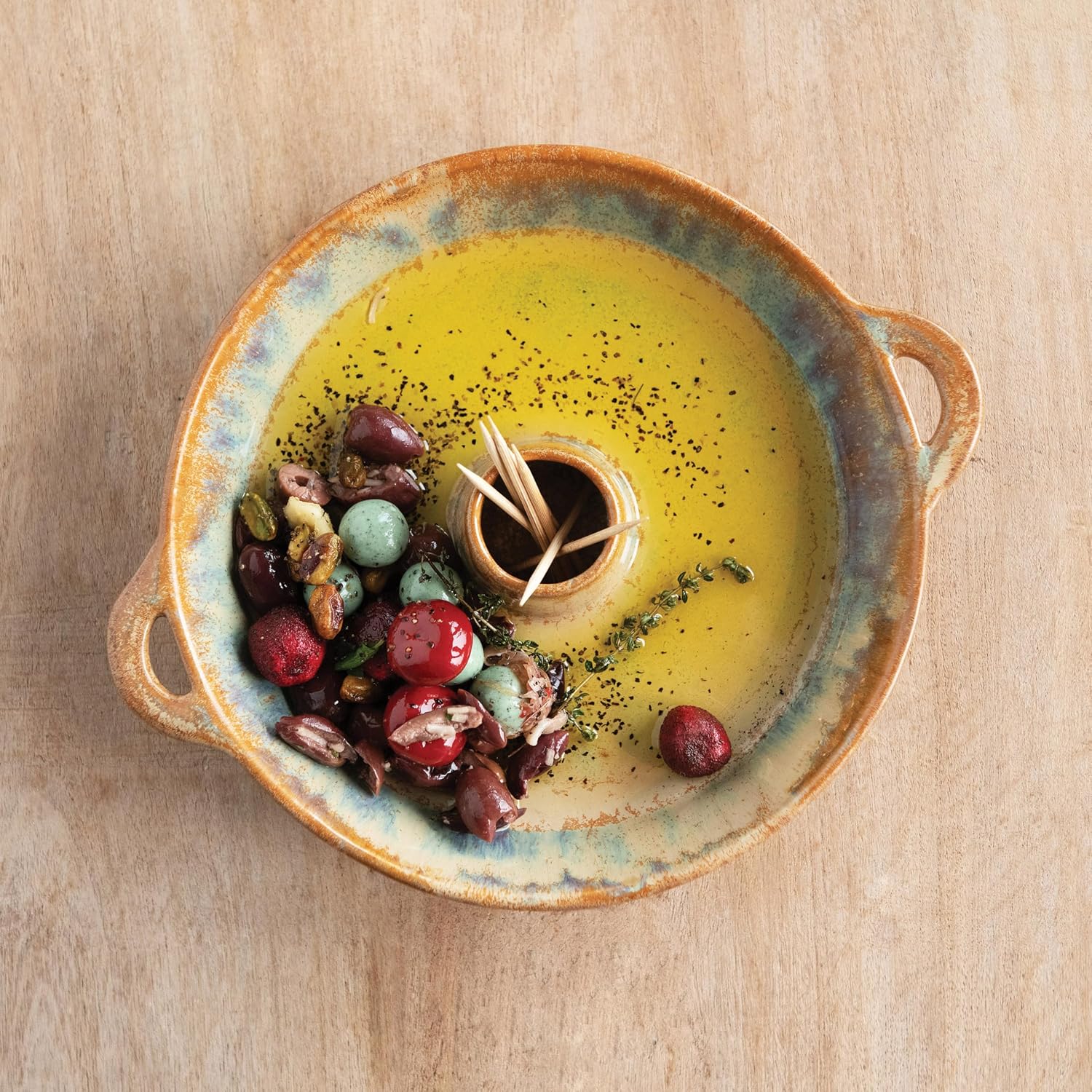 Creative Co-Op Stoneware Dish with Toothpick Holder, Reactive Glaze, Brown (Each One Will Vary)