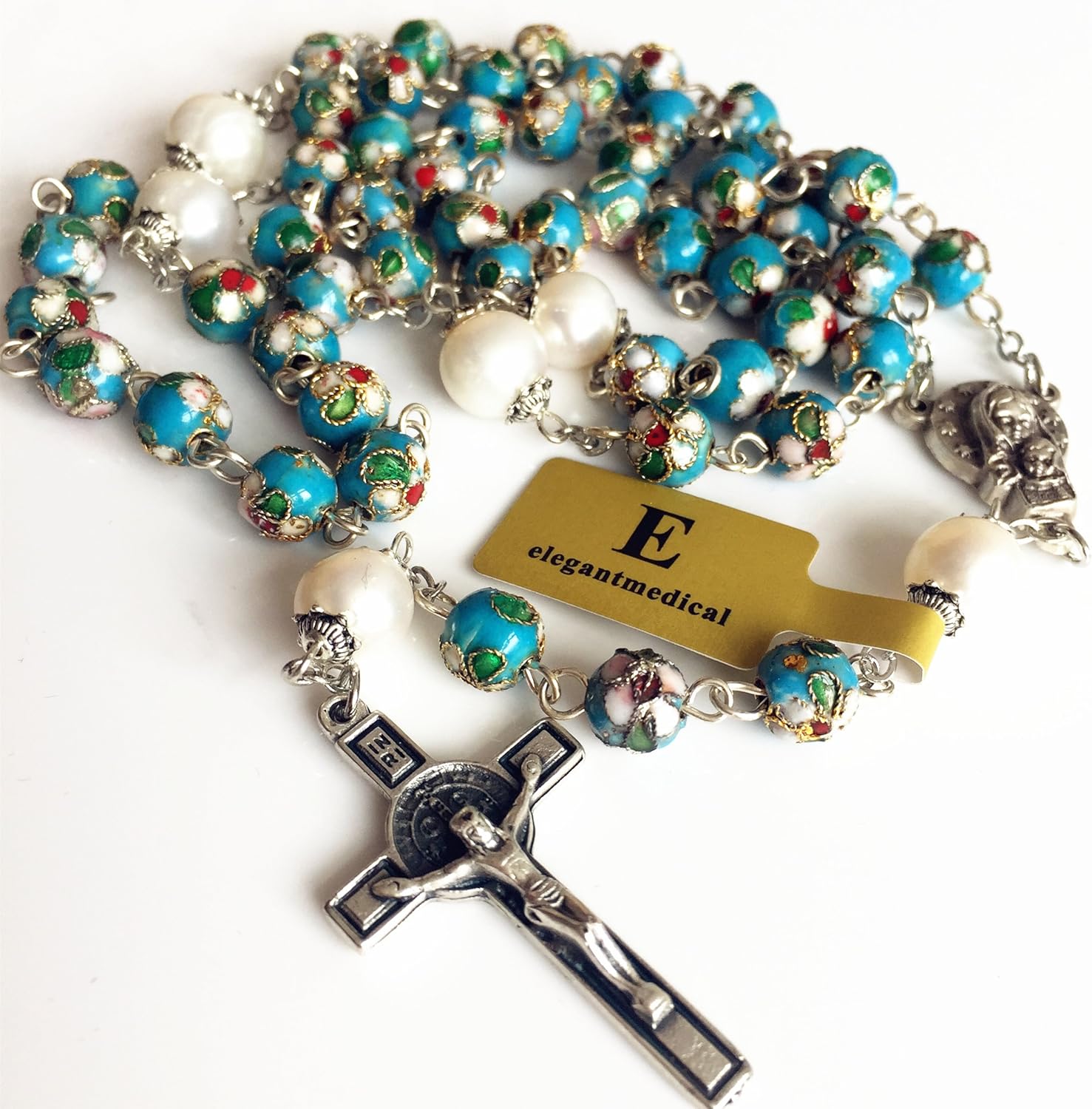 elegantmedical HANDMADE NICE Blue CLOISONNE & 10mm Pearl BEAD ROSARY NECKLACE Italy St.Benedict cross Box - Image 4
