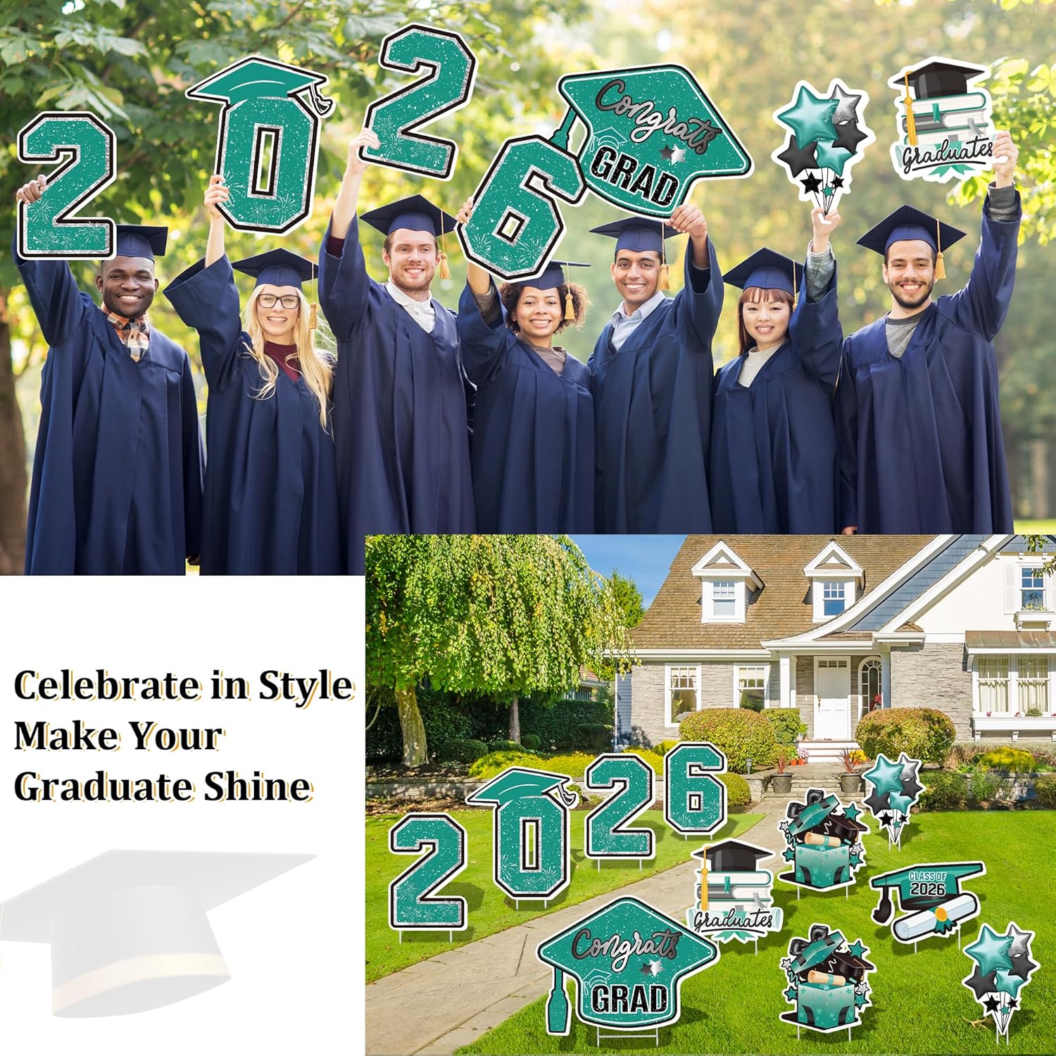 Large 11 PCS Graduation Yard Signs, Class of 2026 Congrats Grad Outdoor Lawn Yard Sign with Stakes, Graduate Yard Decorations for College High School Party, Teal