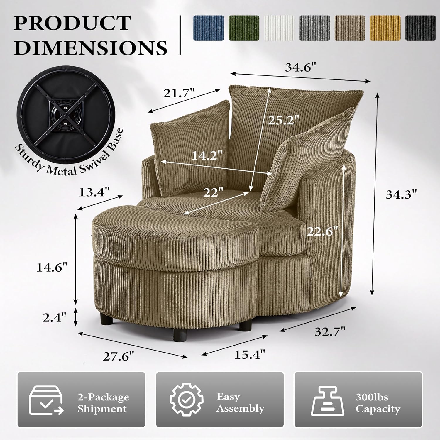 Swivel Accent Chair,Comfy Reading Chairs for Bedroom,Modern Corduroy Arm Chair with Ottoman,360°Swivel Barrel Chairs for Living Room,Apartment (Brown, 1)