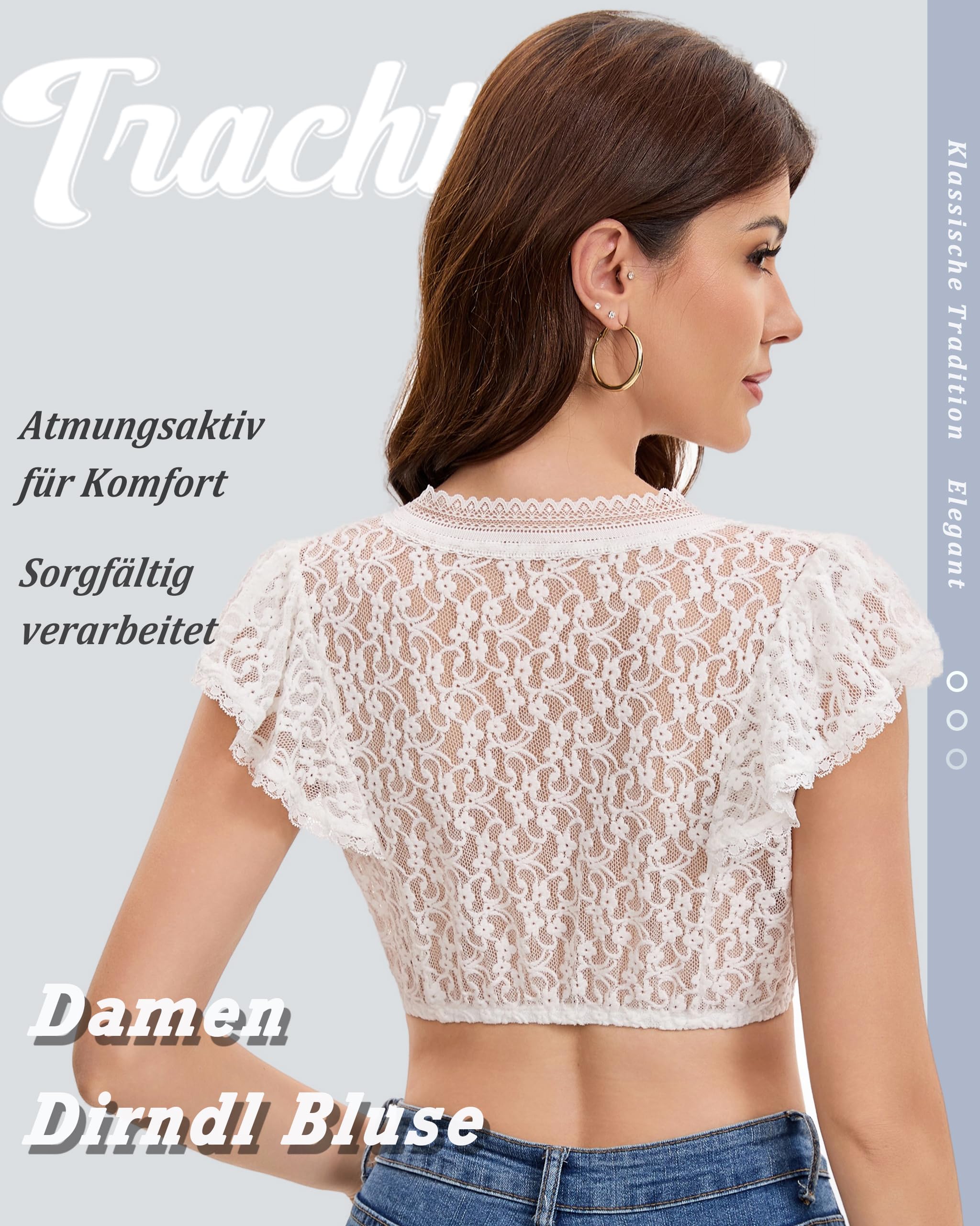 Blouse Dirndl Femme Manches Volantées Blouse Traditionnelle Oktoberfest Élégante avec Décolleté en V et Dentelle Blanc Taille 34-44
